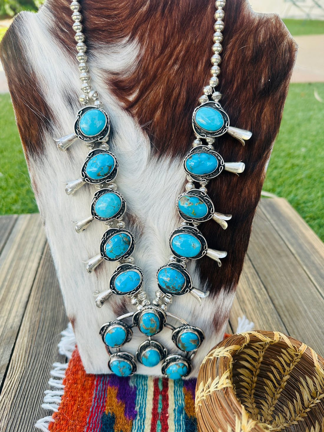 Old Pawn Handcrafted Morenci Turquoise & Sterling Silver Beaded Squash Blossom Necklace by Gilbert Nez