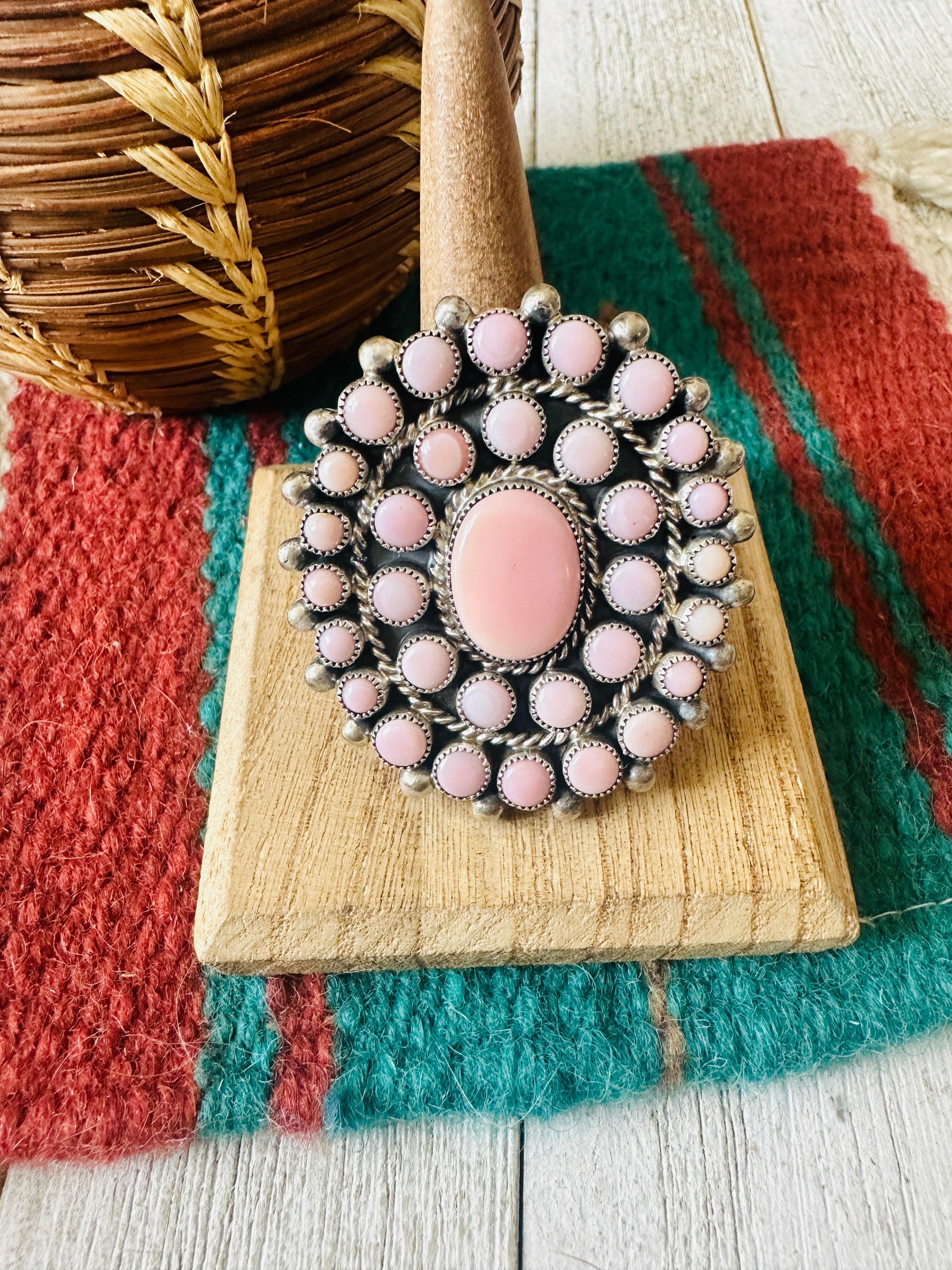 Navajo Sterling Silver & Queen Pink Conch Cluster Adjustable Ring