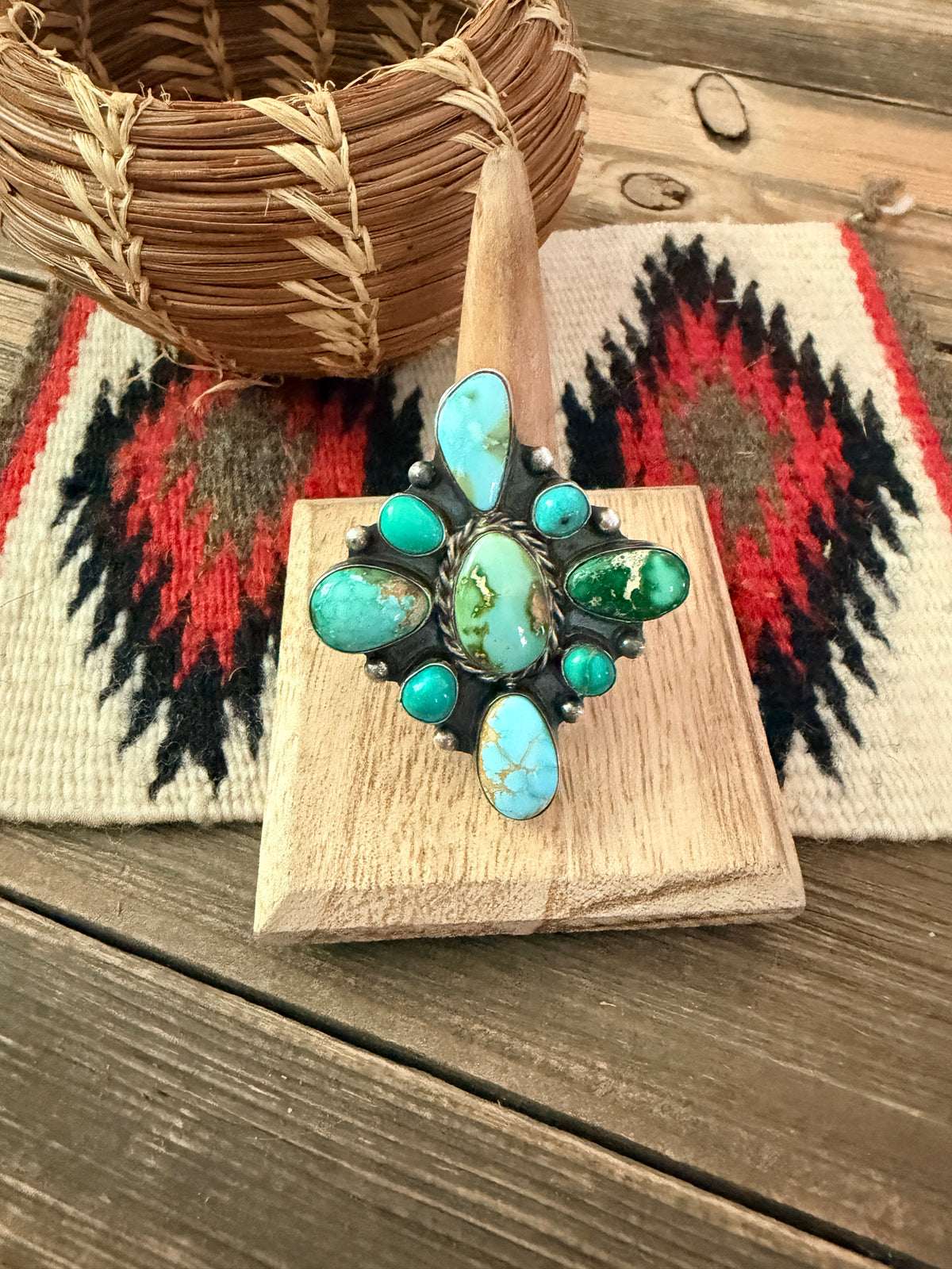 Handcrafted Turquoise & Sterling Silver Cluster Adjustable Ring