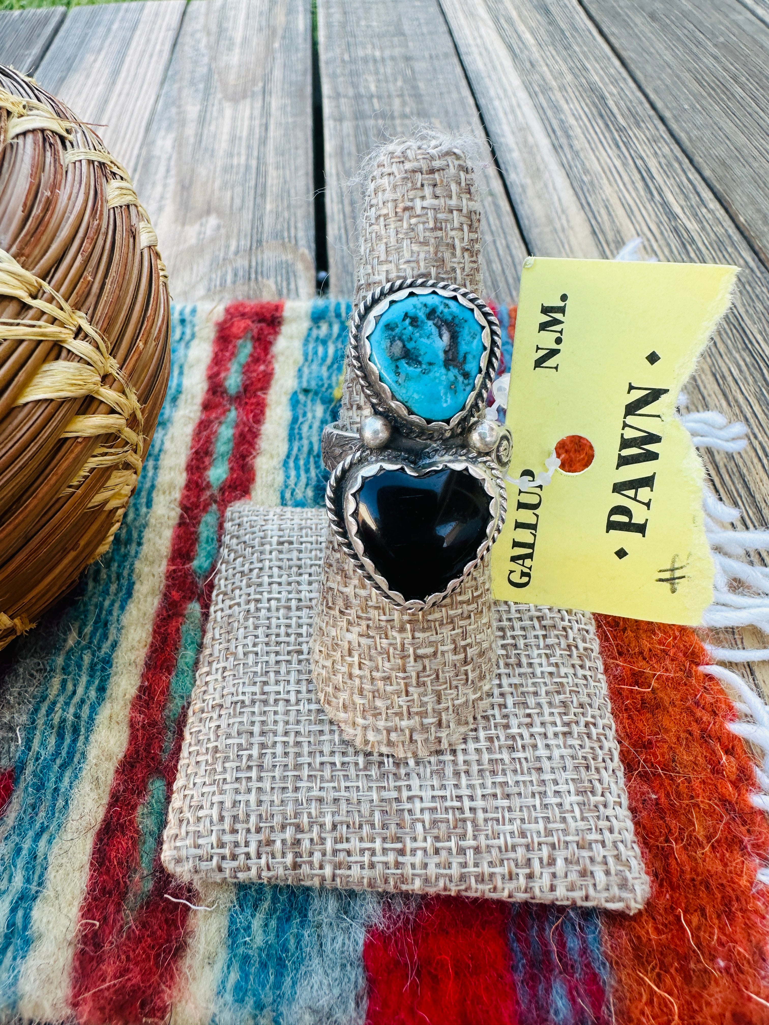 Old Pawn Handcrafted Turquoise, Onyx & Sterling Silver Heart Ring Size 8.5