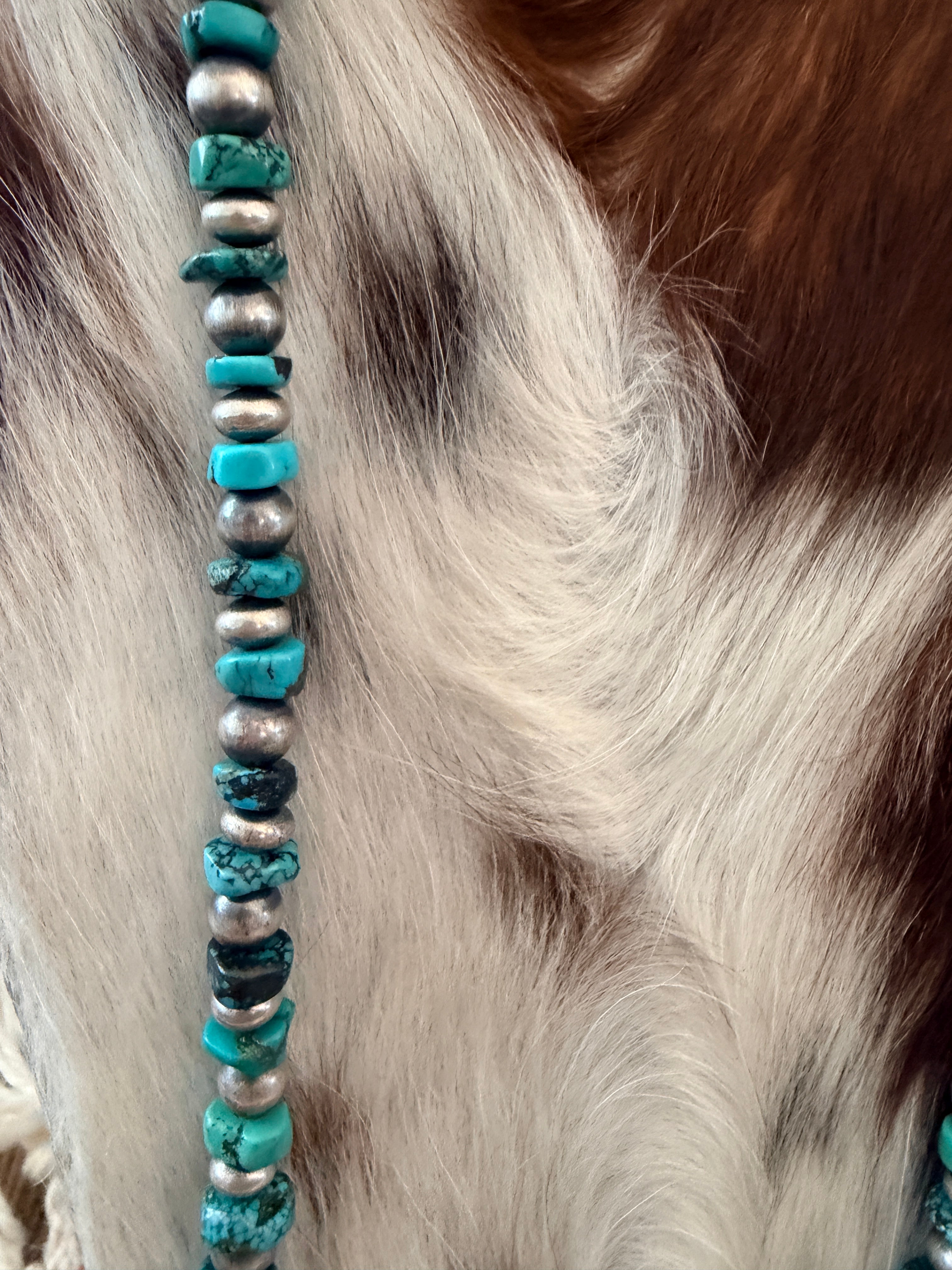 Handcrafted Turquoise & Sterling Silver Pearl 32" Beaded Necklace