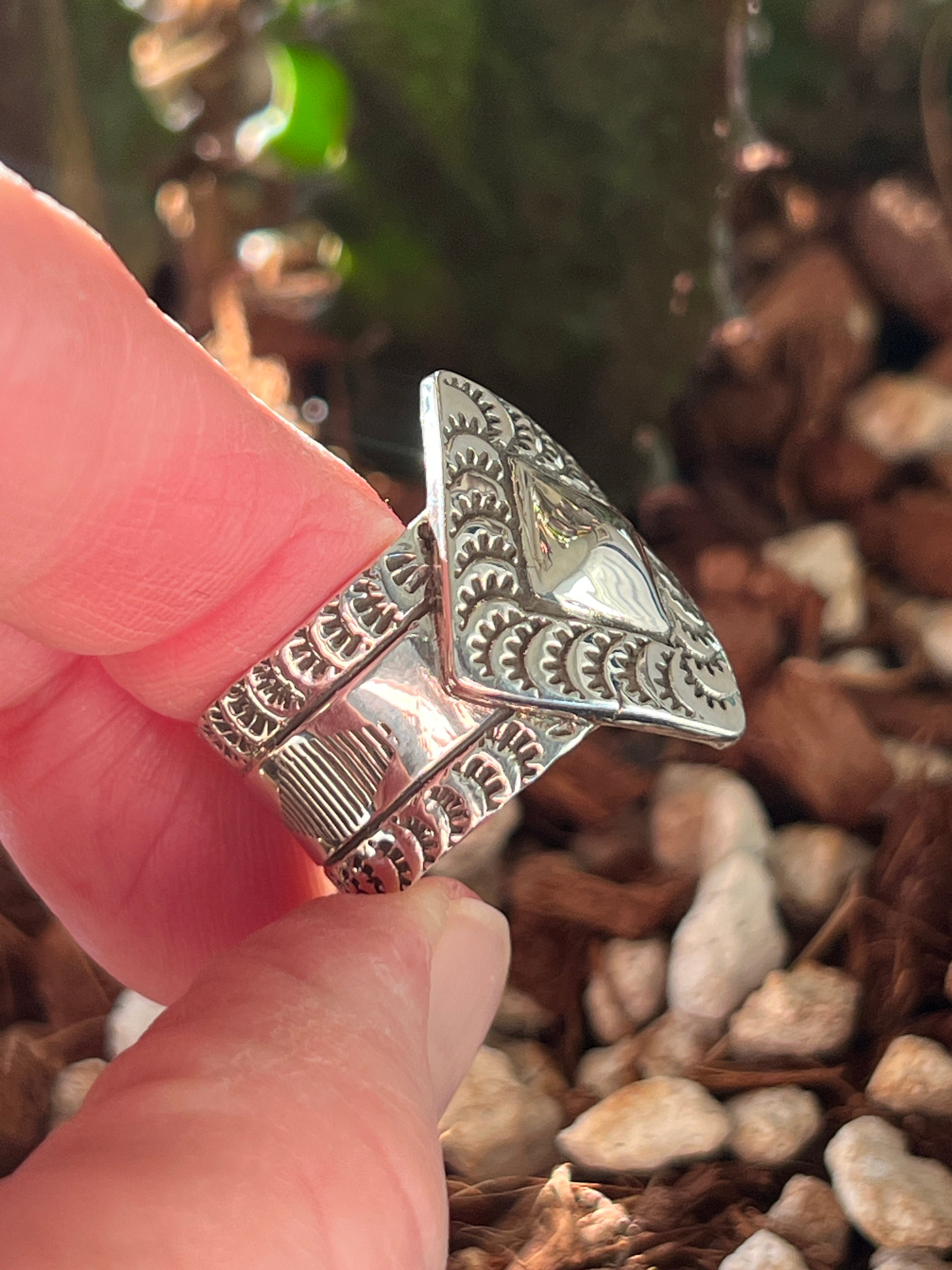 Handcrafted Hand Stamped Sterling Silver Diamond Motif Wide Shank Ring by Shaun Rogers, Size 11.5