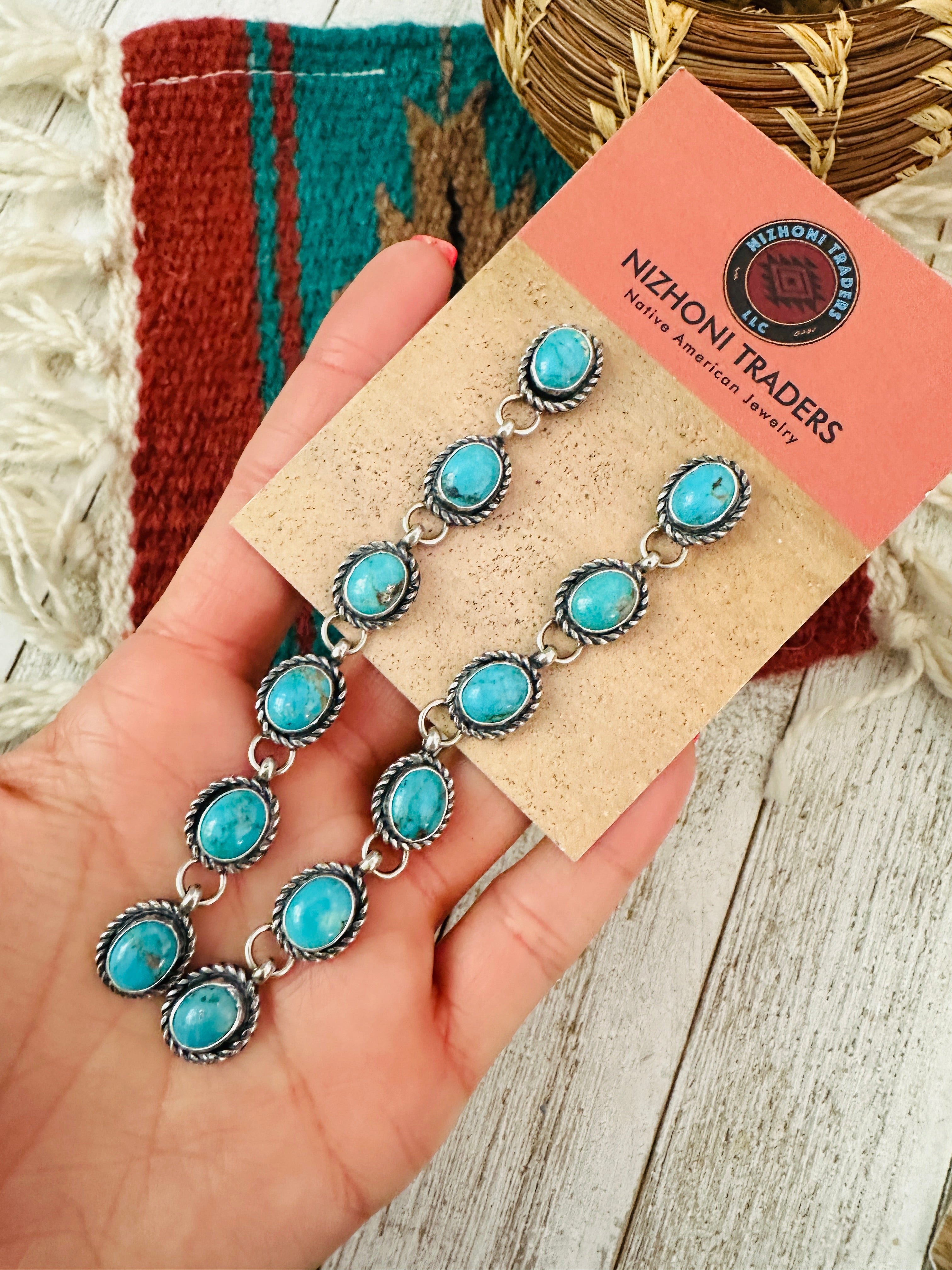 Navajo Turquoise And Sterling Silver Drop Dangle Earrings