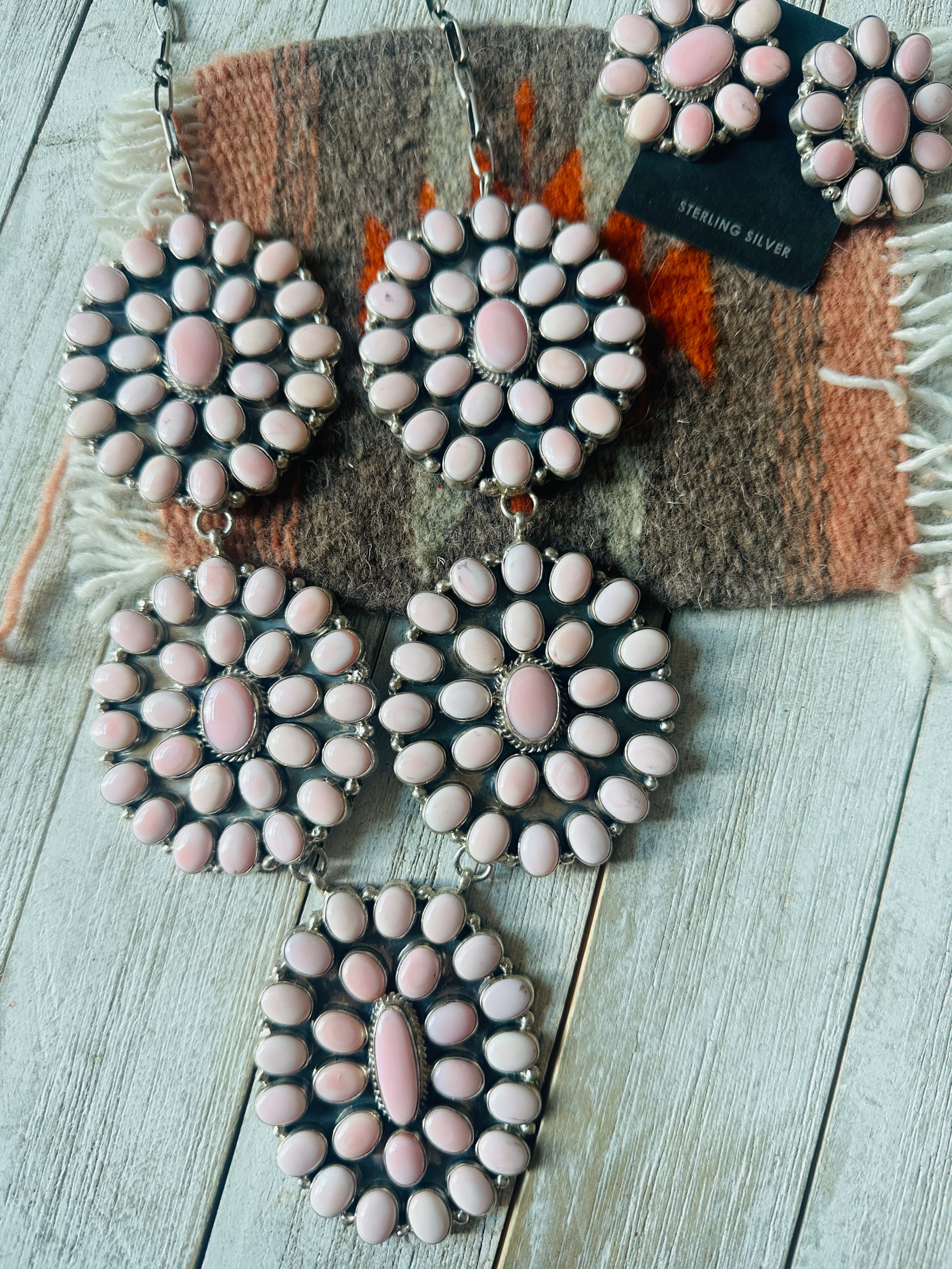 Navajo Queen Pink Conch & Sterling Silver Cluster Necklace Set