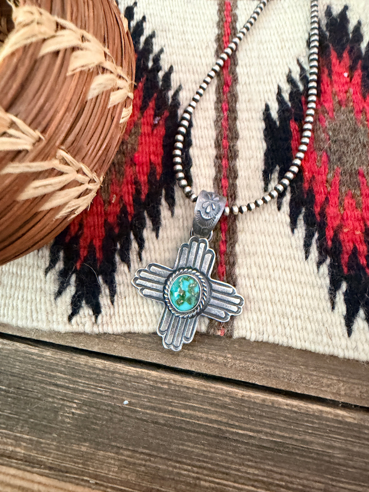 Handcrafted Sterling Silver & Sonoran Mountain Turquoise Zia Cross Pendant by Kevin Billah