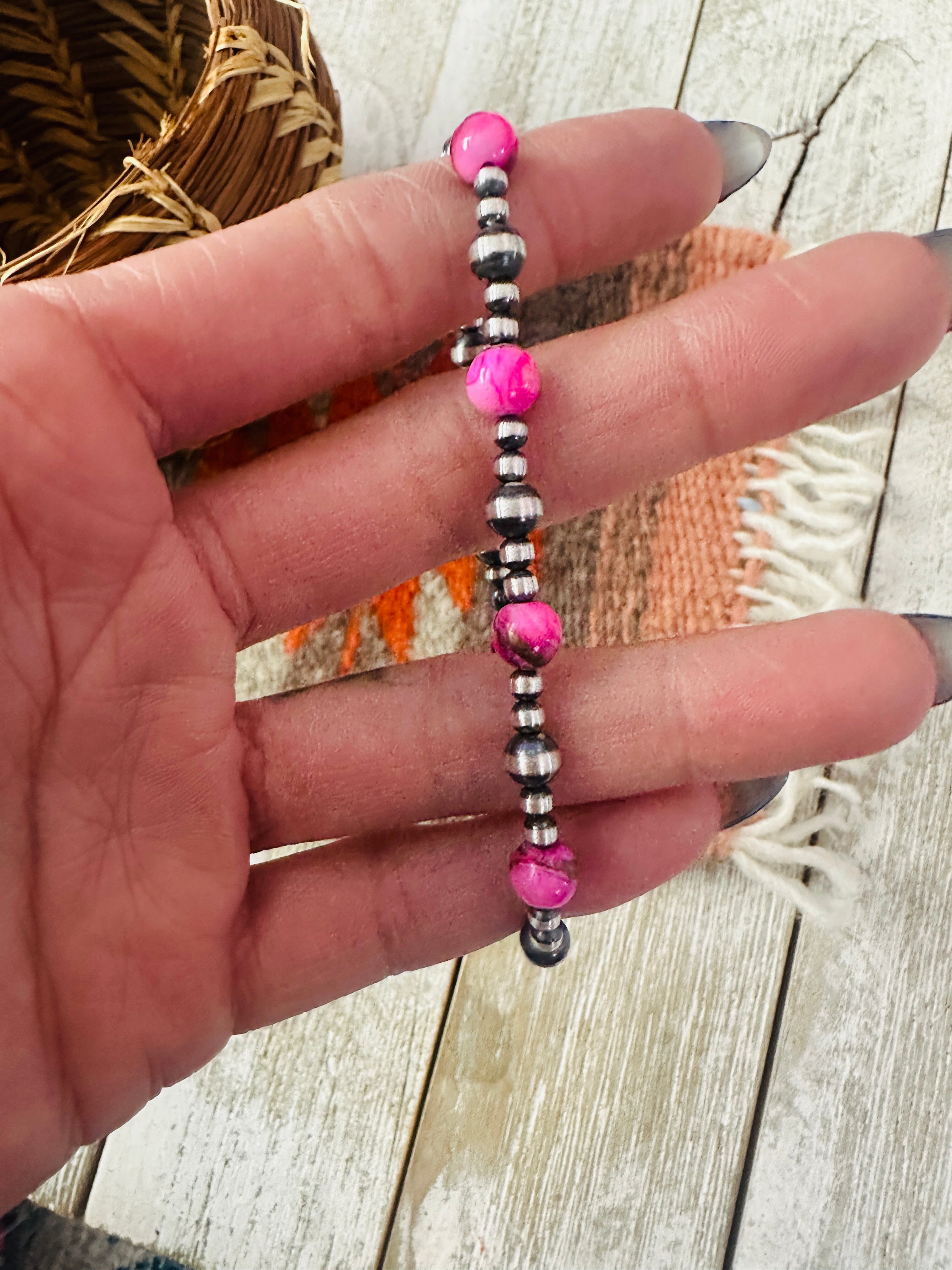 Handcrafted Pink Mojave and Sterling Silver Pearl Beaded Bracelet