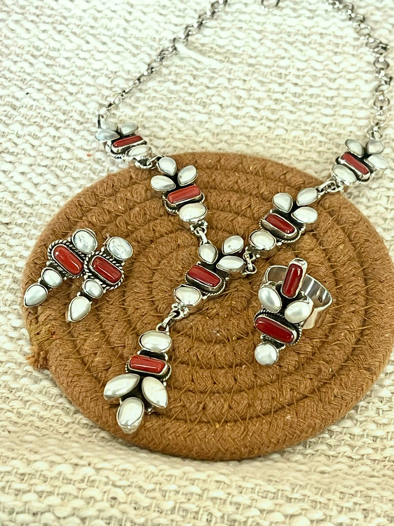 ** 4TH OF JULY ** Handmade Sterling , Silver Synthetic Opal & Coral Necklace, Earring & Ring Set with Signed Nizhoni