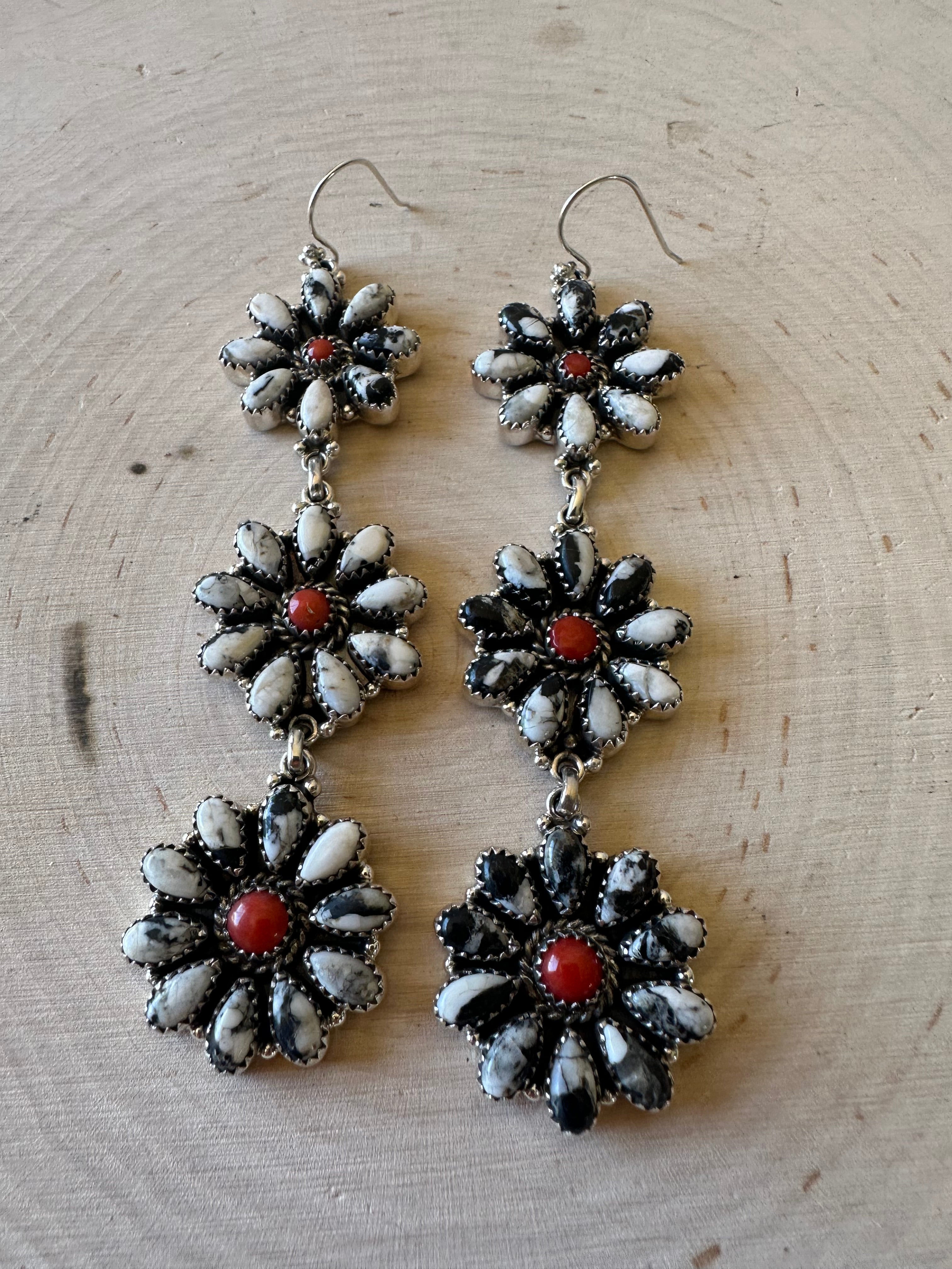 “Better Than Revenge” Handmade Coral, White Buffalo and Sterling Silver Dangle Earrings