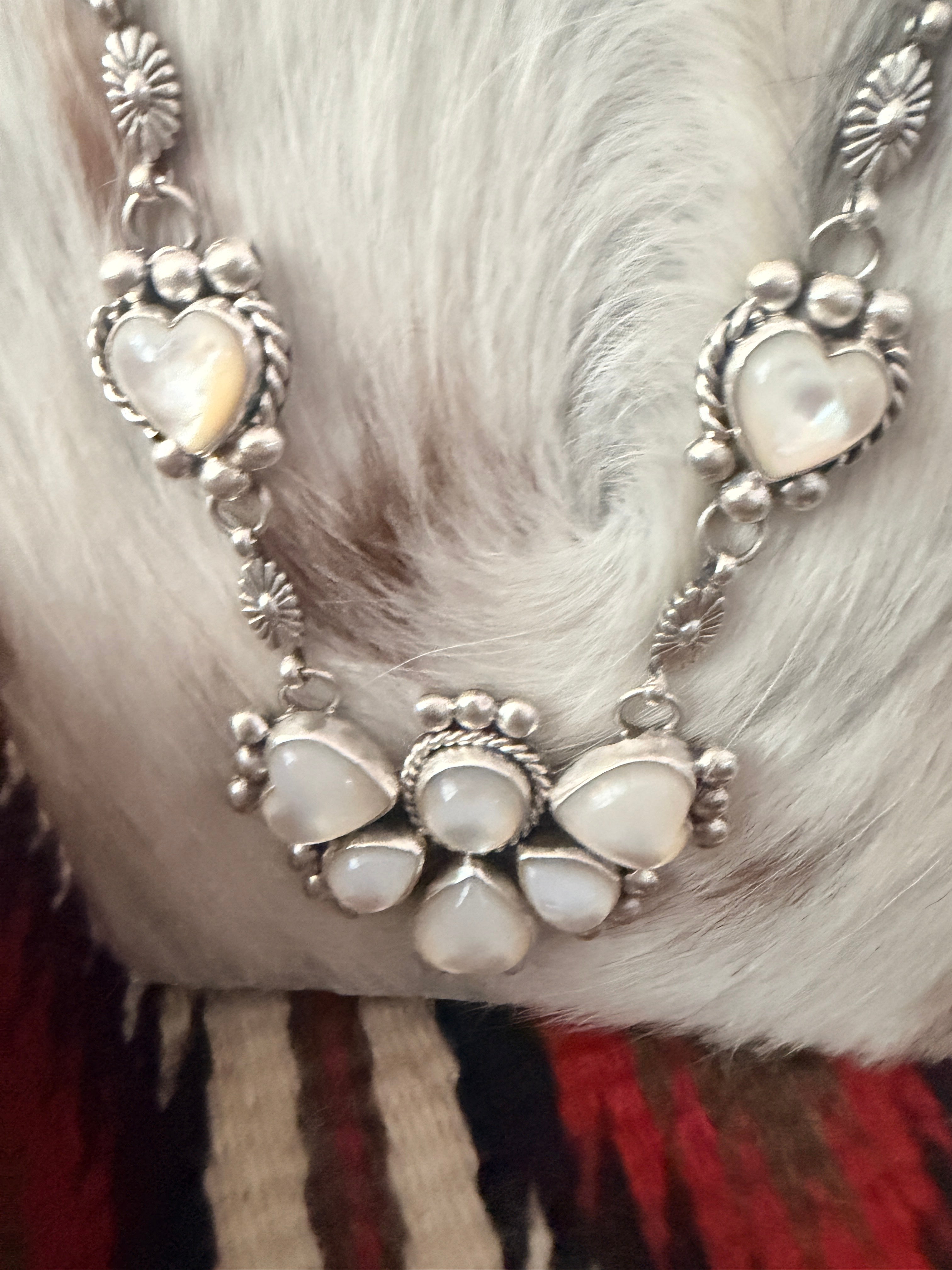 Handcrafted Mother of Pearl & Sterling Silver Cluster Necklace and Earring Set by Fred Francis