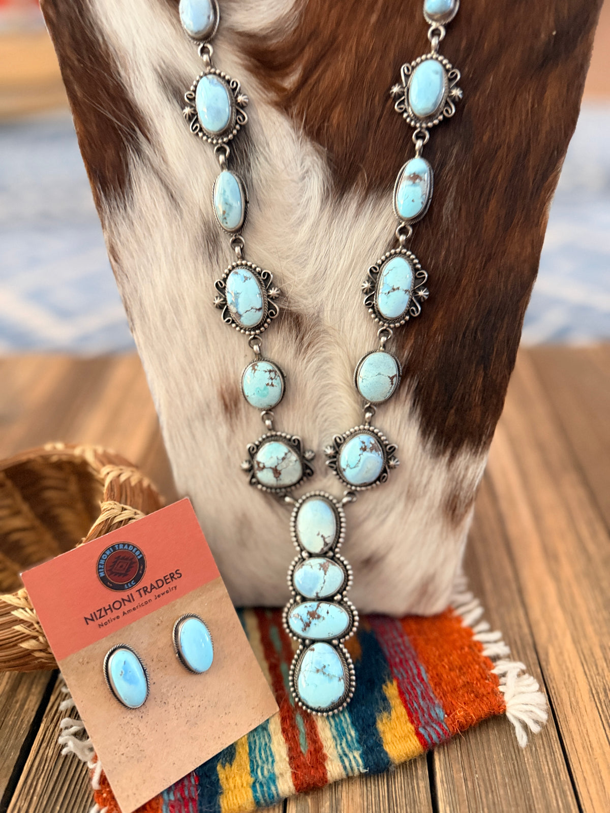 Handcrafted Golden Hills Turquoise & Sterling Silver Necklace and Earring Set by Blaine Yellowhorse