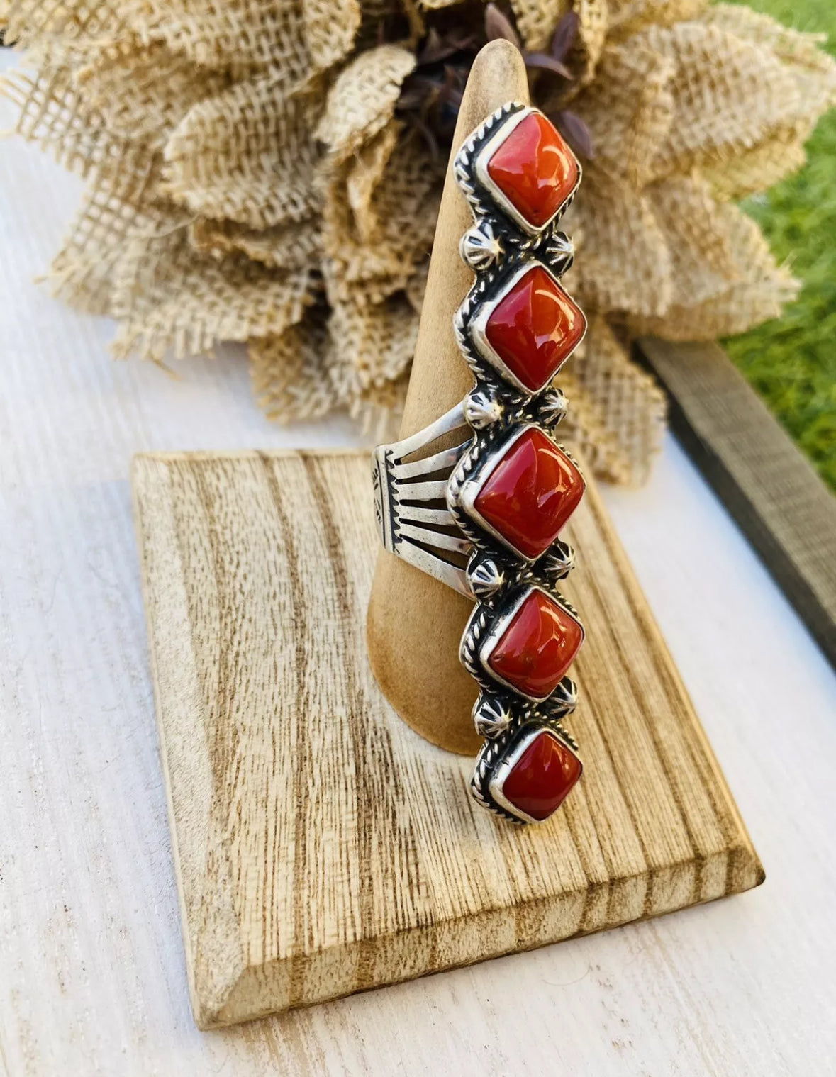 Navajo Coral & Sterling Silver Statement Ring Size 8