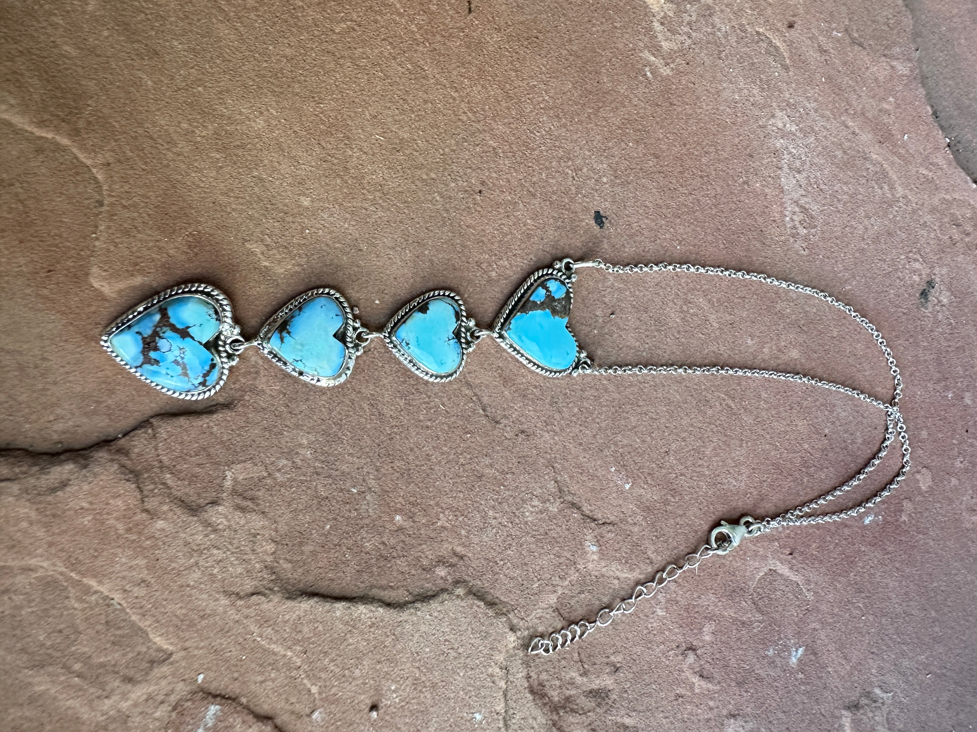 Handmade Sterling Silver Golden Hills Turquoise Drop Heart 4 Stone Necklace