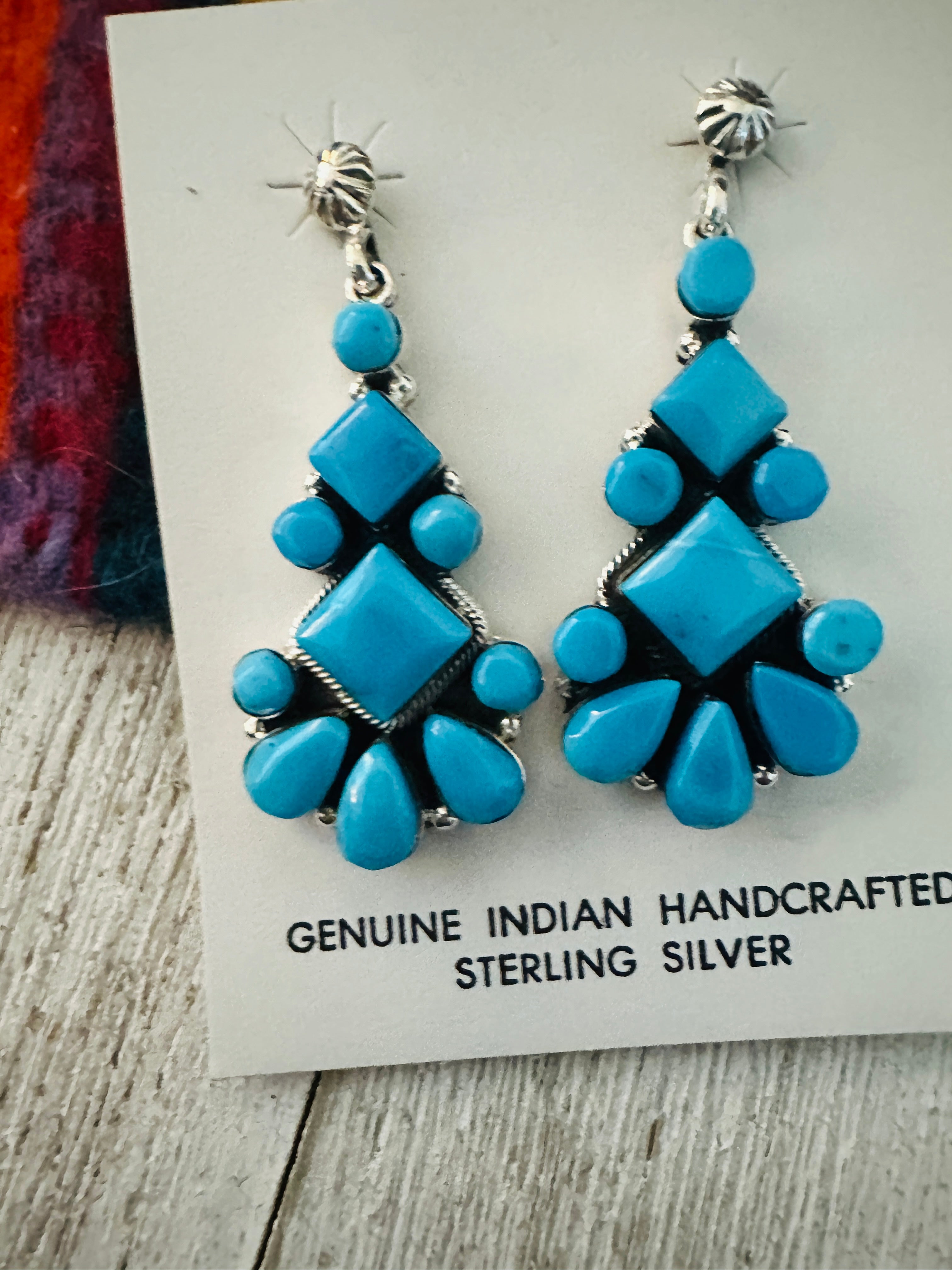 Navajo Sterling Silver & Turquoise Cluster Dangle Earrings