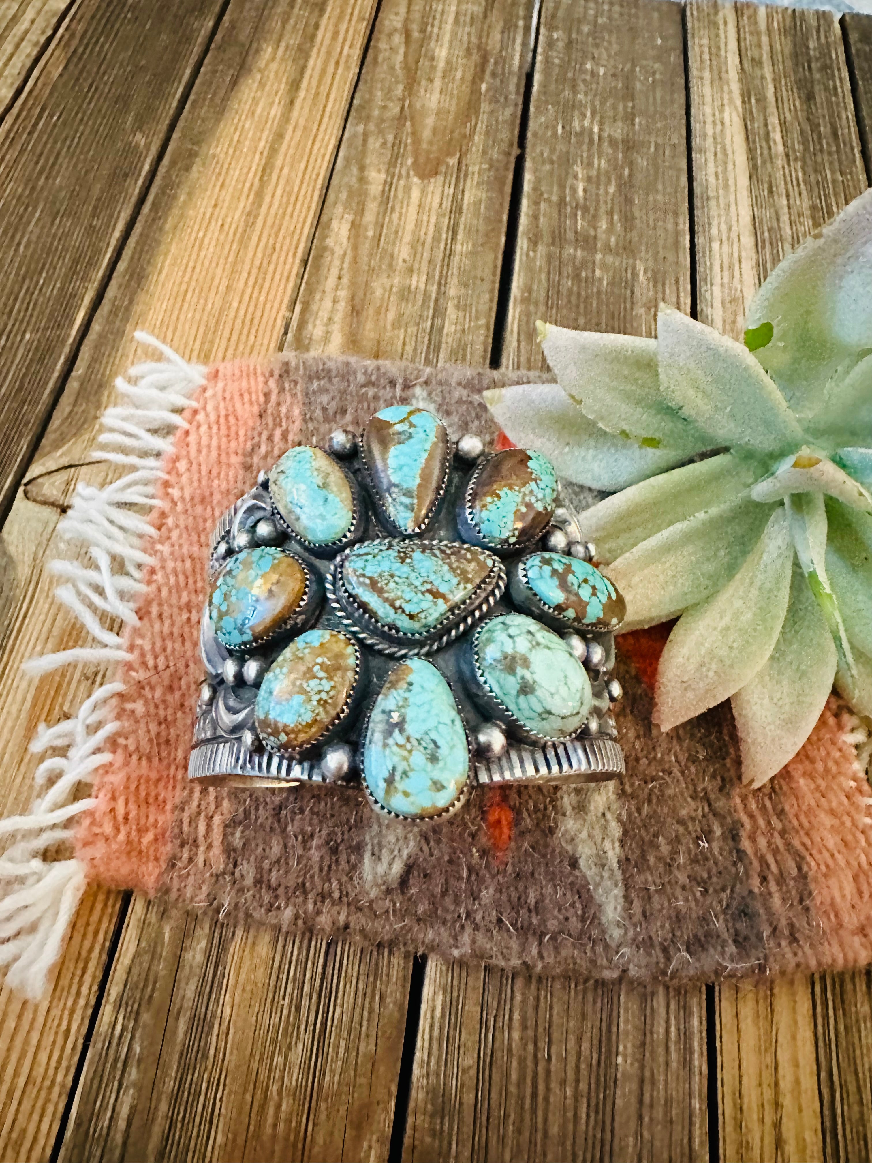 Navajo Number 8 Turquoise & Sterling Silver Cluster Cuff Bracelet