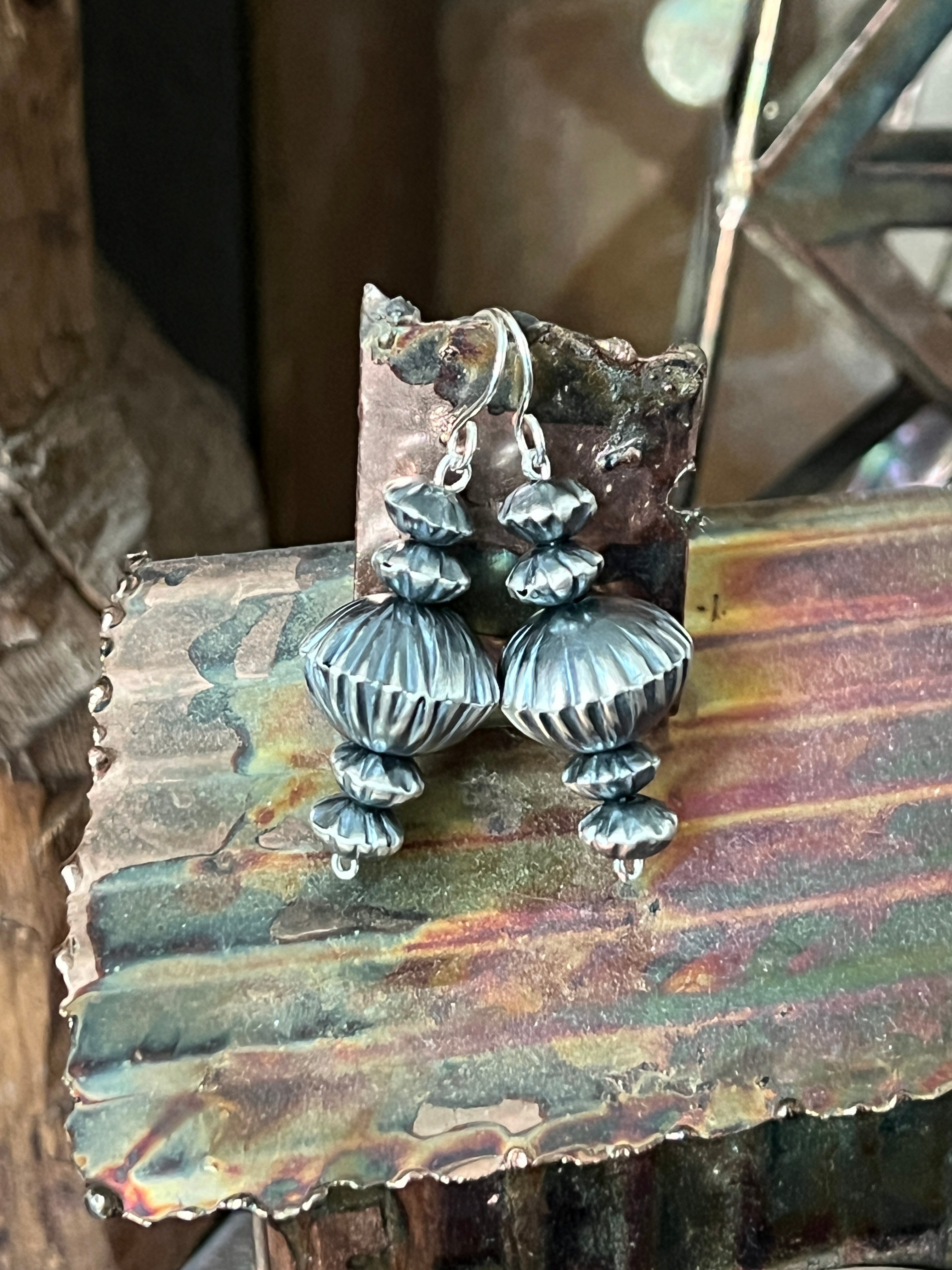 Handcrafted Sterling Silver Corrugated Bead Drop Dangle Earrings by Preston Haley