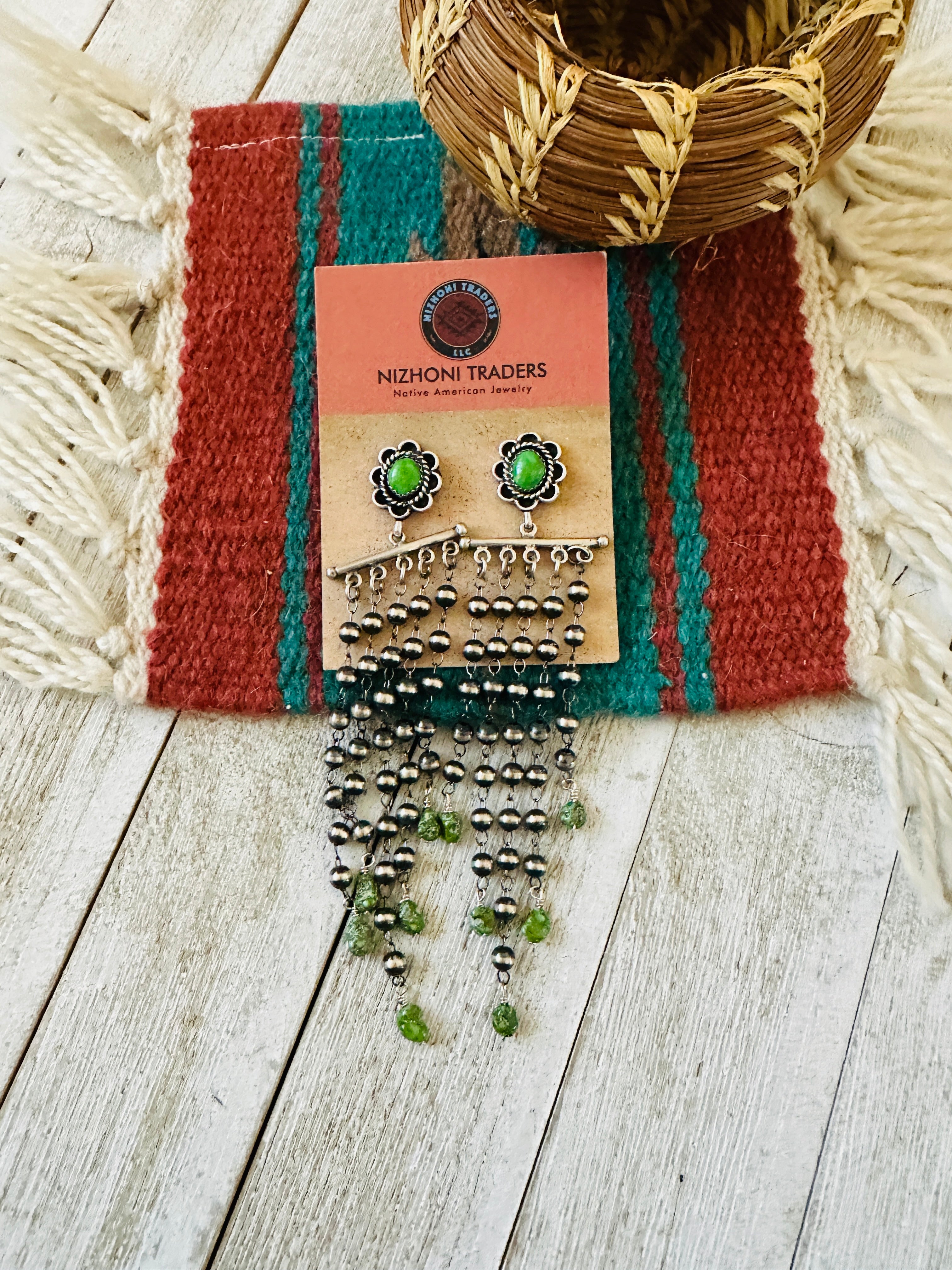 Handcrafted Green Turquoise & Sterling Silver Pearl Beaded Tassel Dangle Earrings