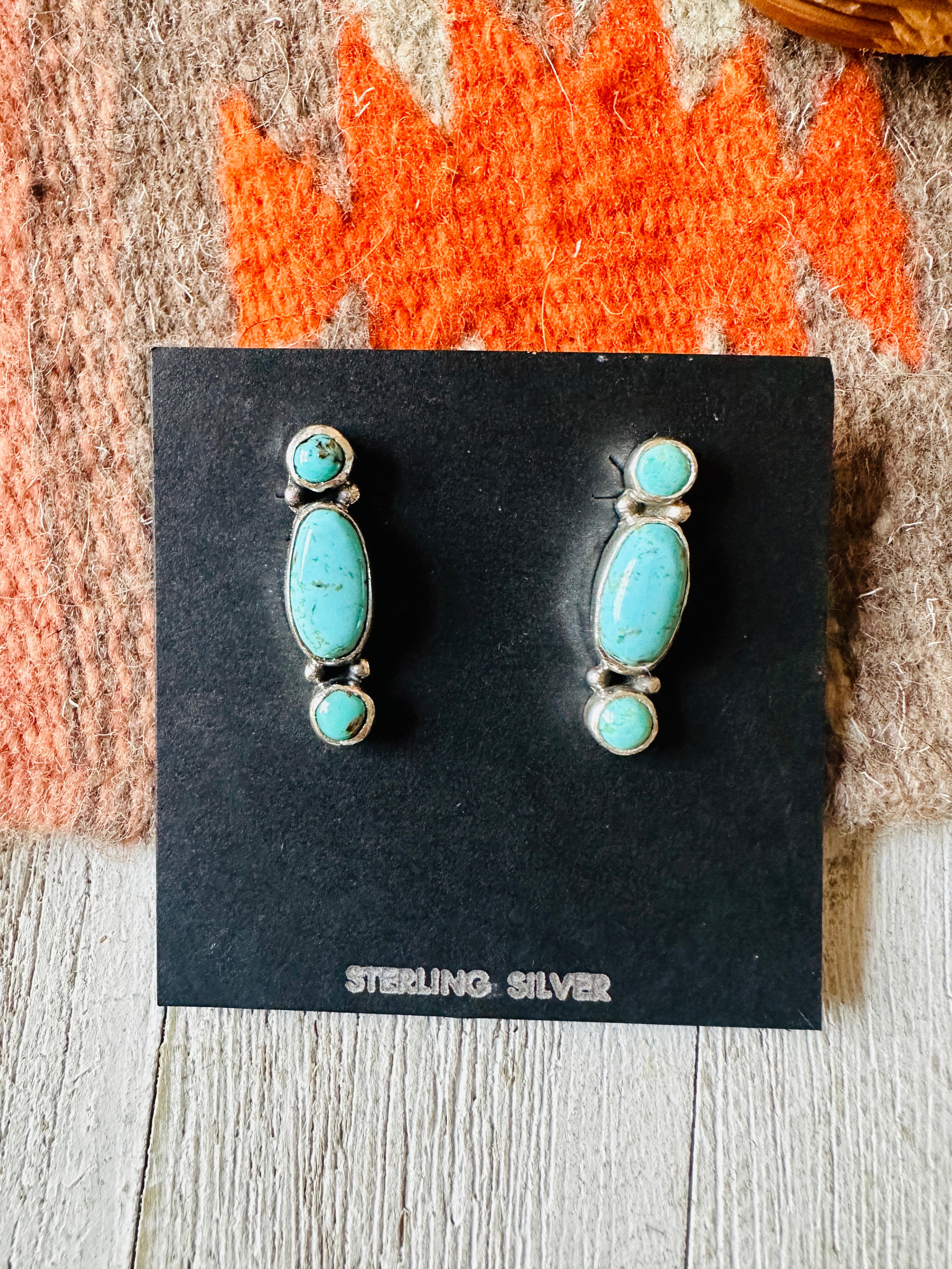 Navajo 3-Stone Turquoise And Sterling Silver Dangle Earrings