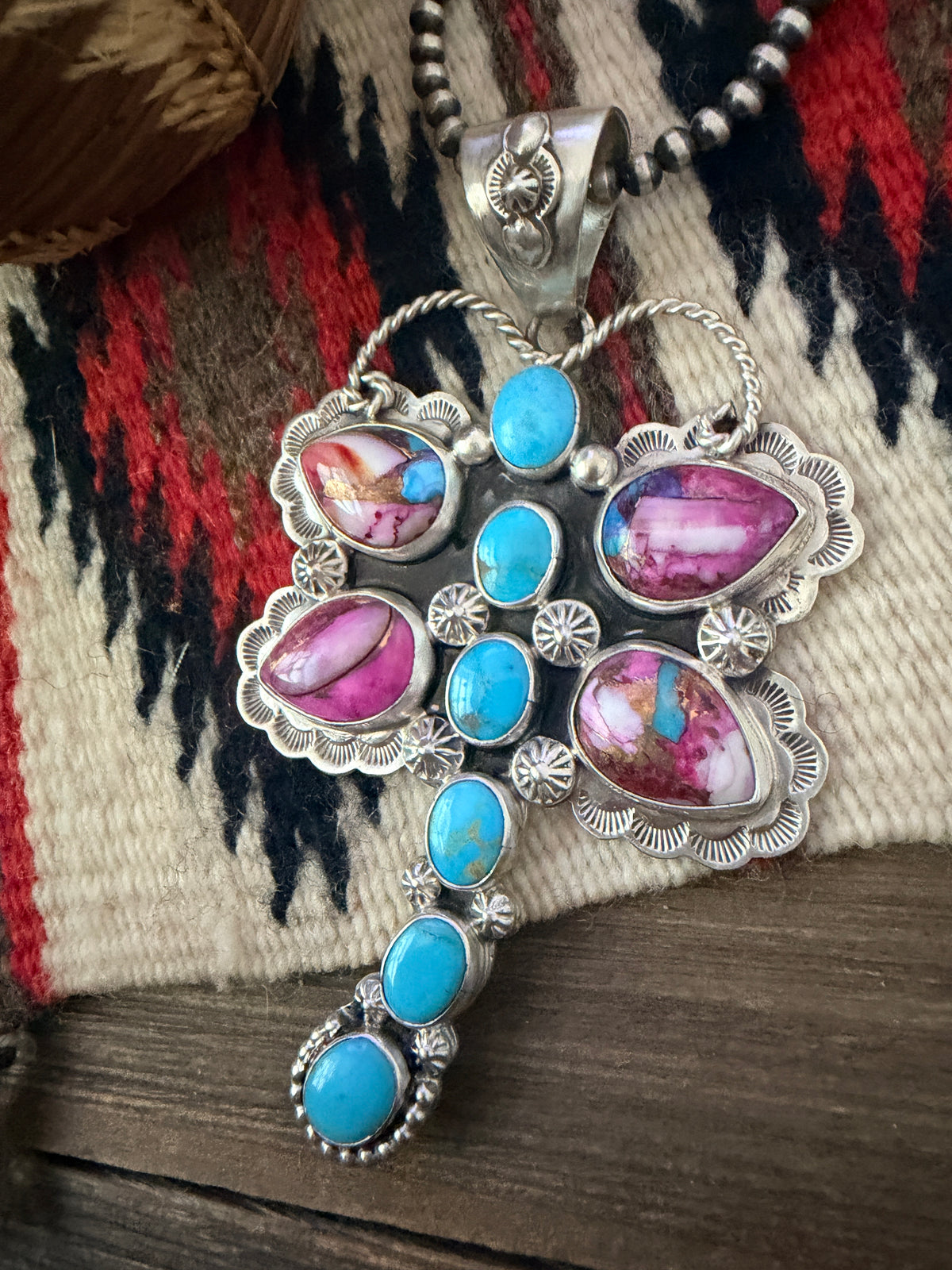 Handcrafted Sterling Silver, Pink Dream Mojave & Turquoise Dragonfly Pendant by Alice McShirley
