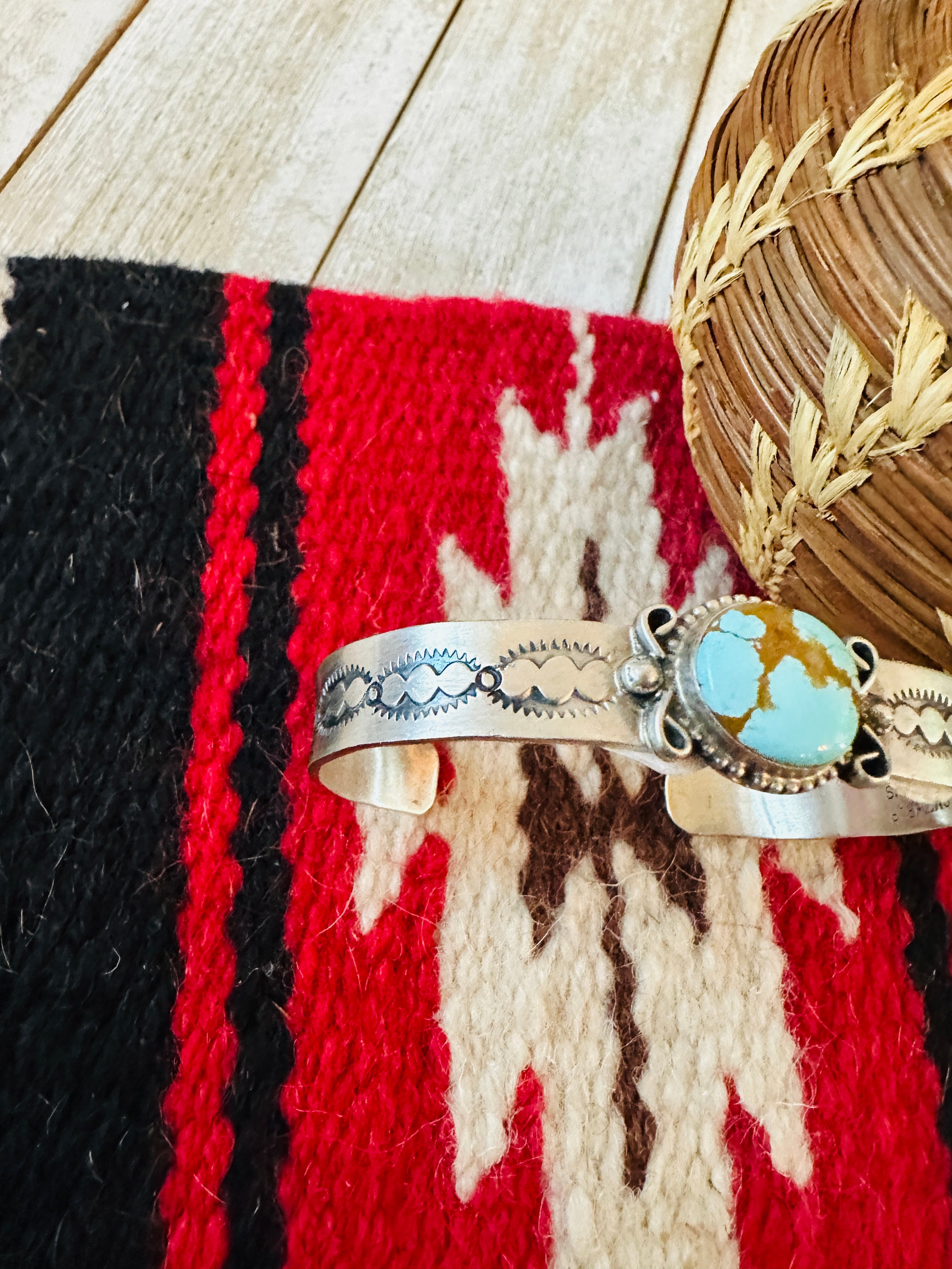 Handcrafted & Hand Stamped Sterling Silver & Turquoise Cuff Bracelet