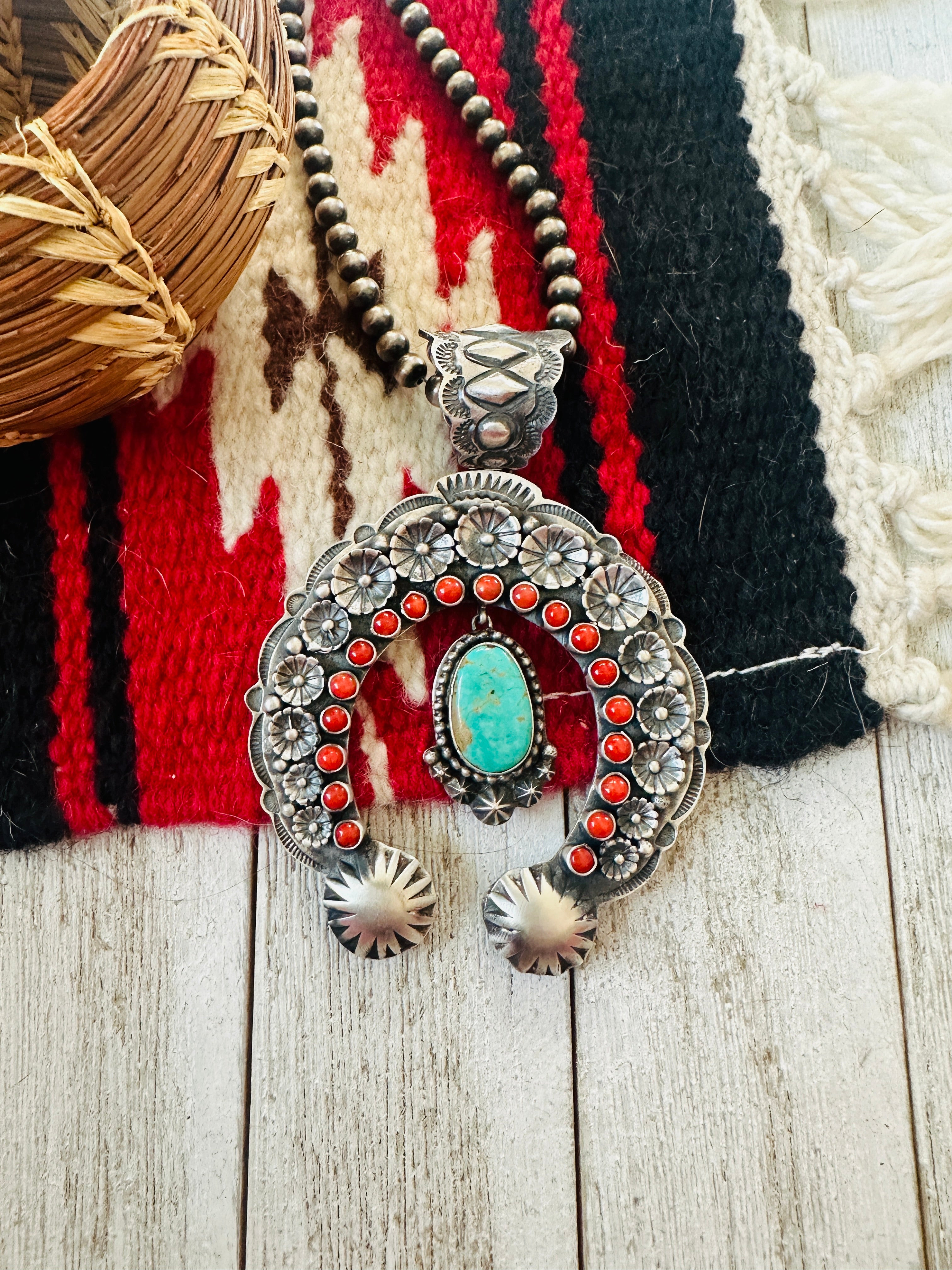 Navajo Sterling Silver, Coral & Turquoise Naja Pendant by Shawn Cayatineto