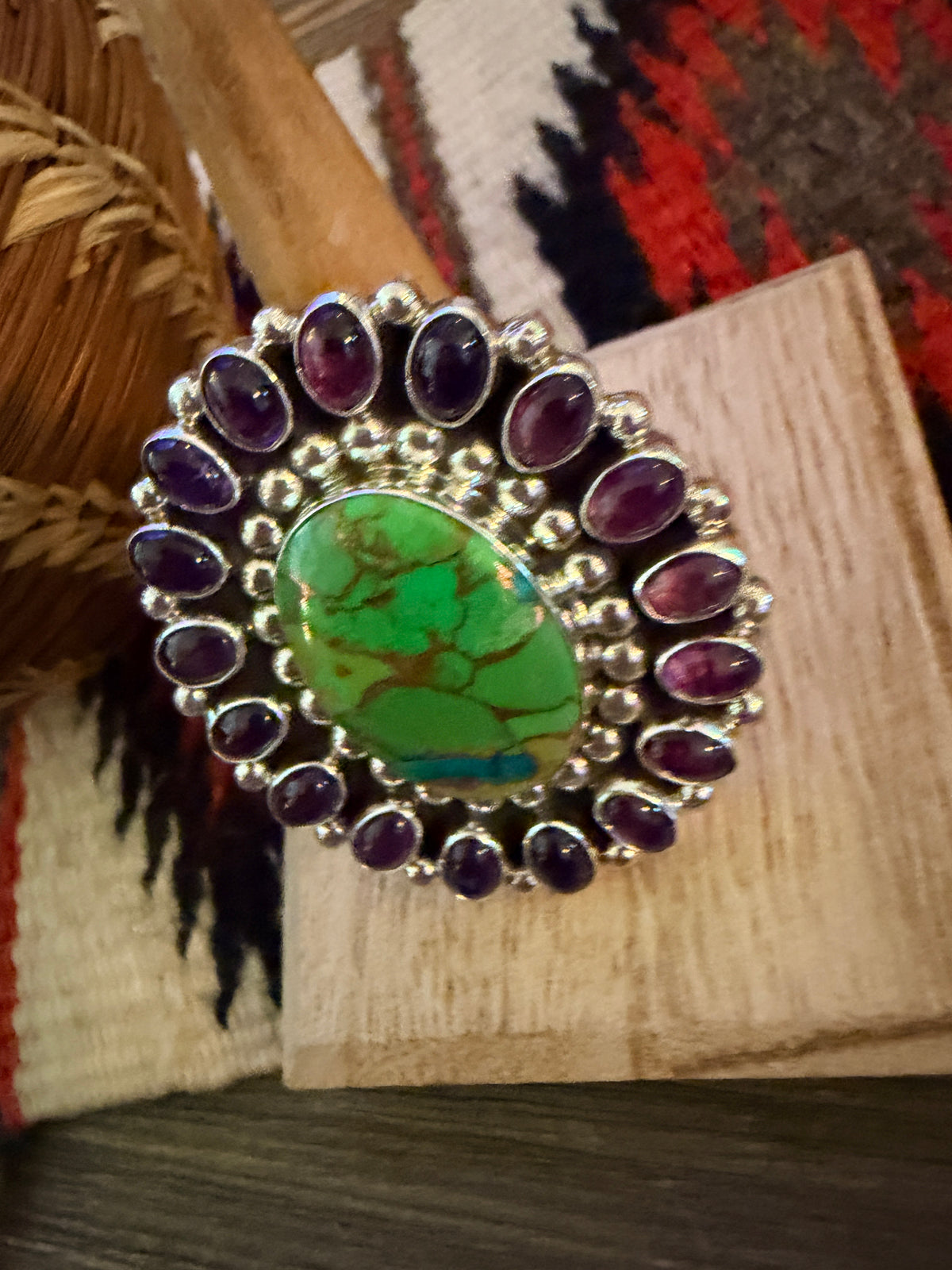Handcrafted Mojave Turquoise, Amethyst & Sterling Silver Adjustable Cluster Ring