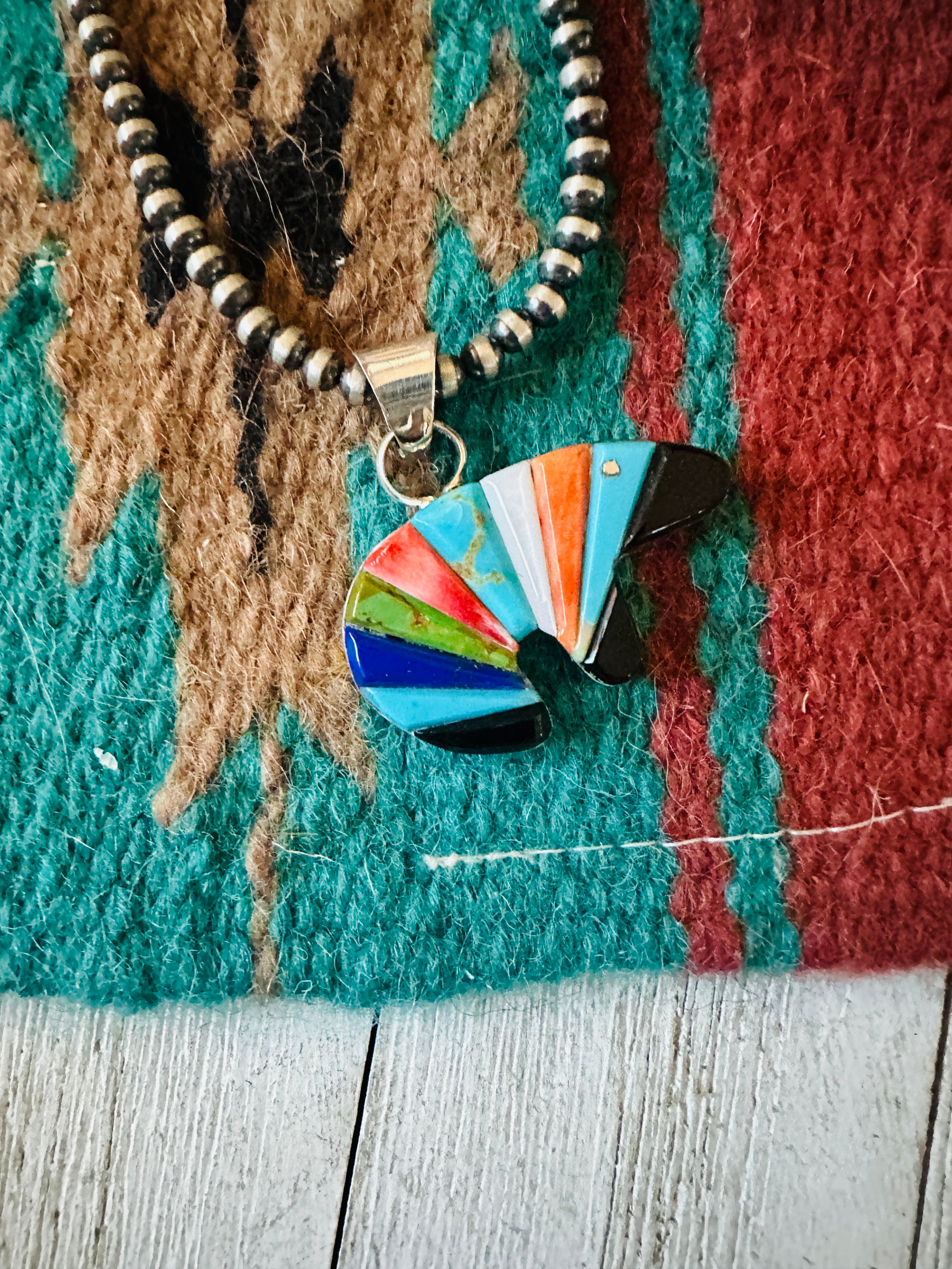 Navajo Multi Stone & Sterling Silver Inlay Fetish Bear Pendant