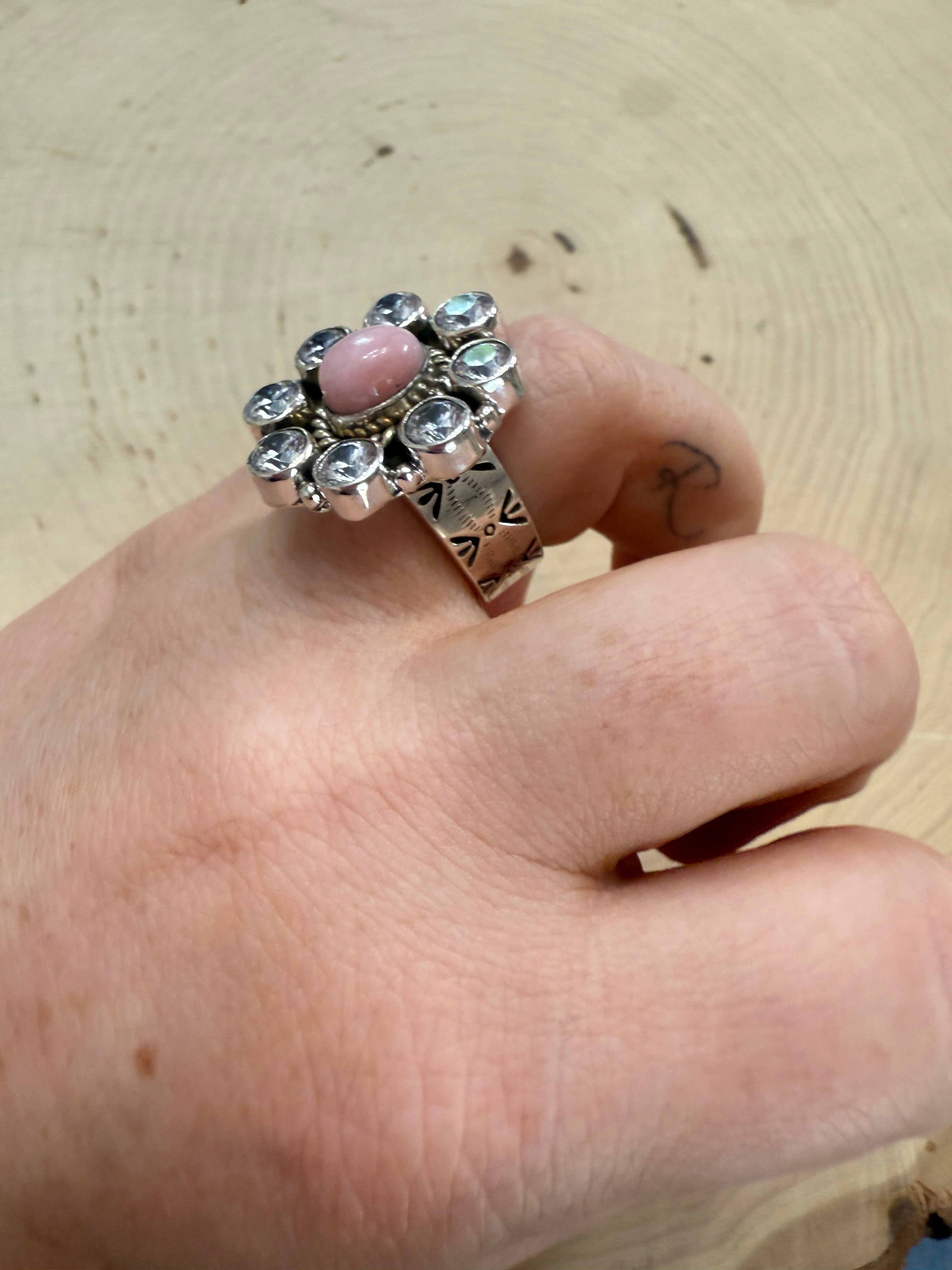 Handmade Pink Conch, CZ & Sterling Silver Adjustable Ring