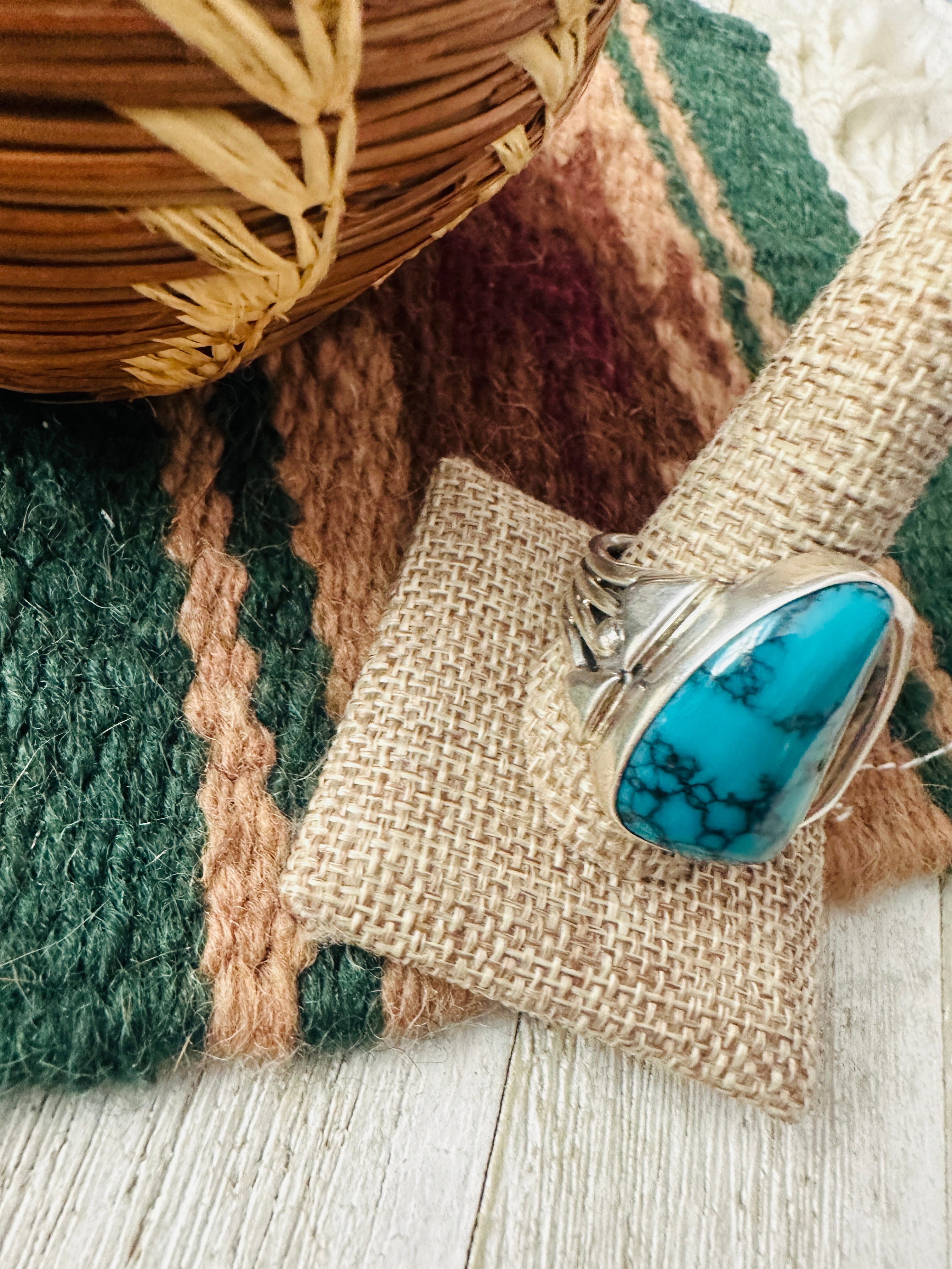 Handcrafted Old Pawn Turquoise and Sterling Silver Ring Size 11.5