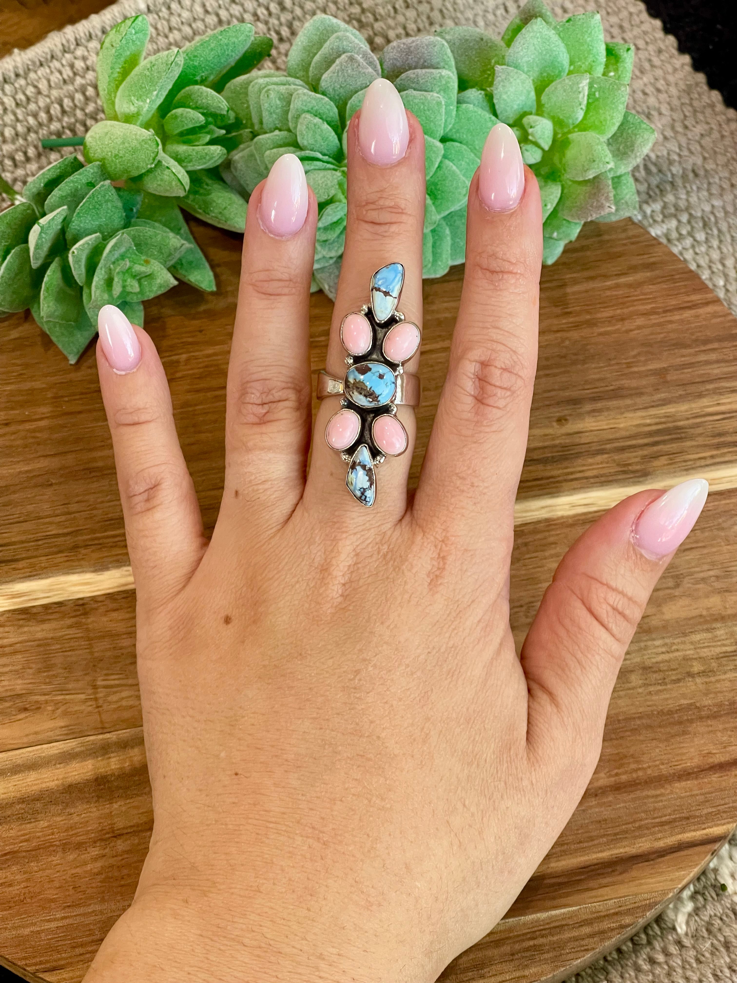 Beautiful Handmade Golden Hills Turquoise, Pink Conch And Sterling Silver Adjustable Ring