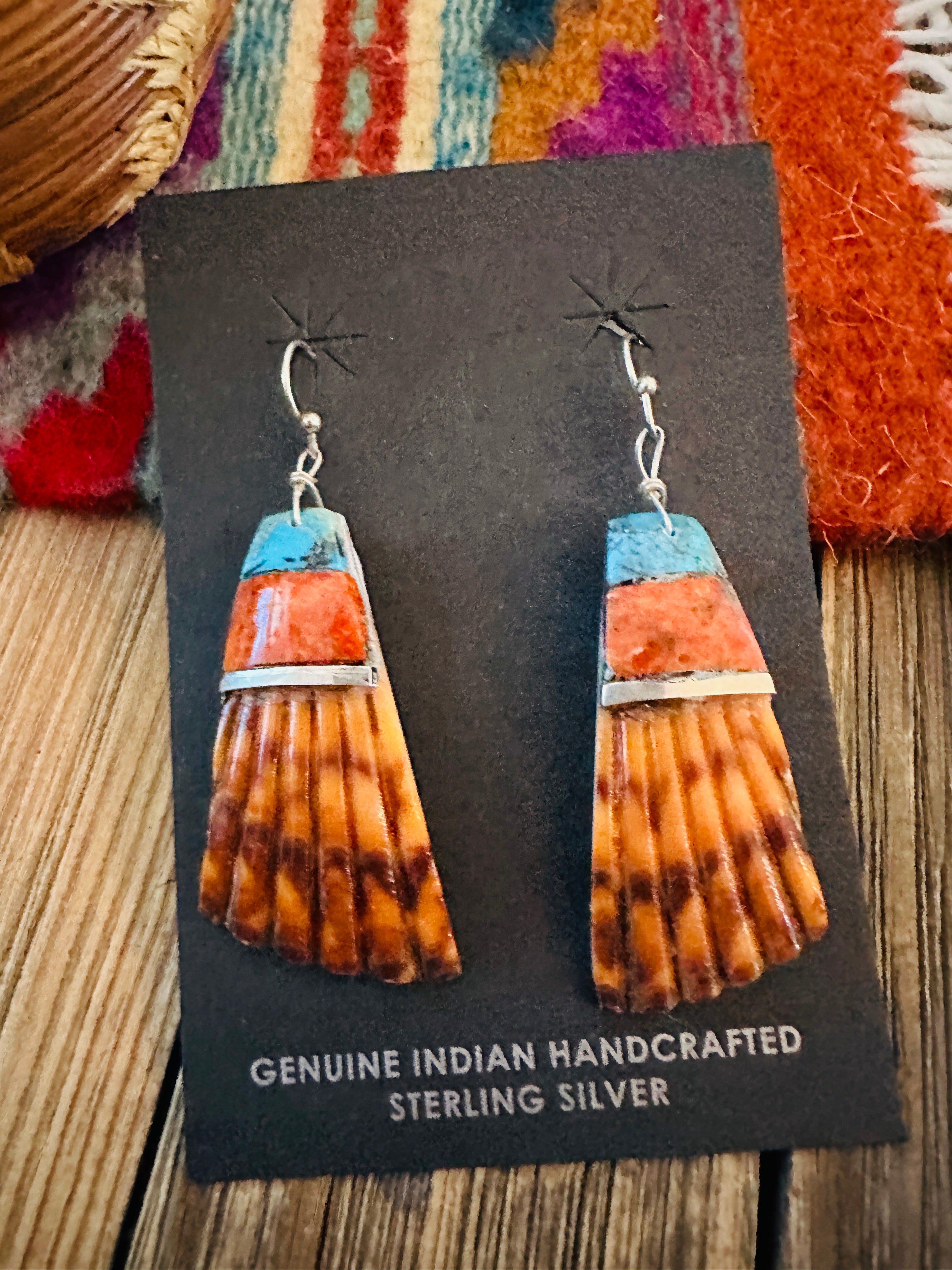 Handcrafted Multi Stone Inlay & Shell Dangle Earrings