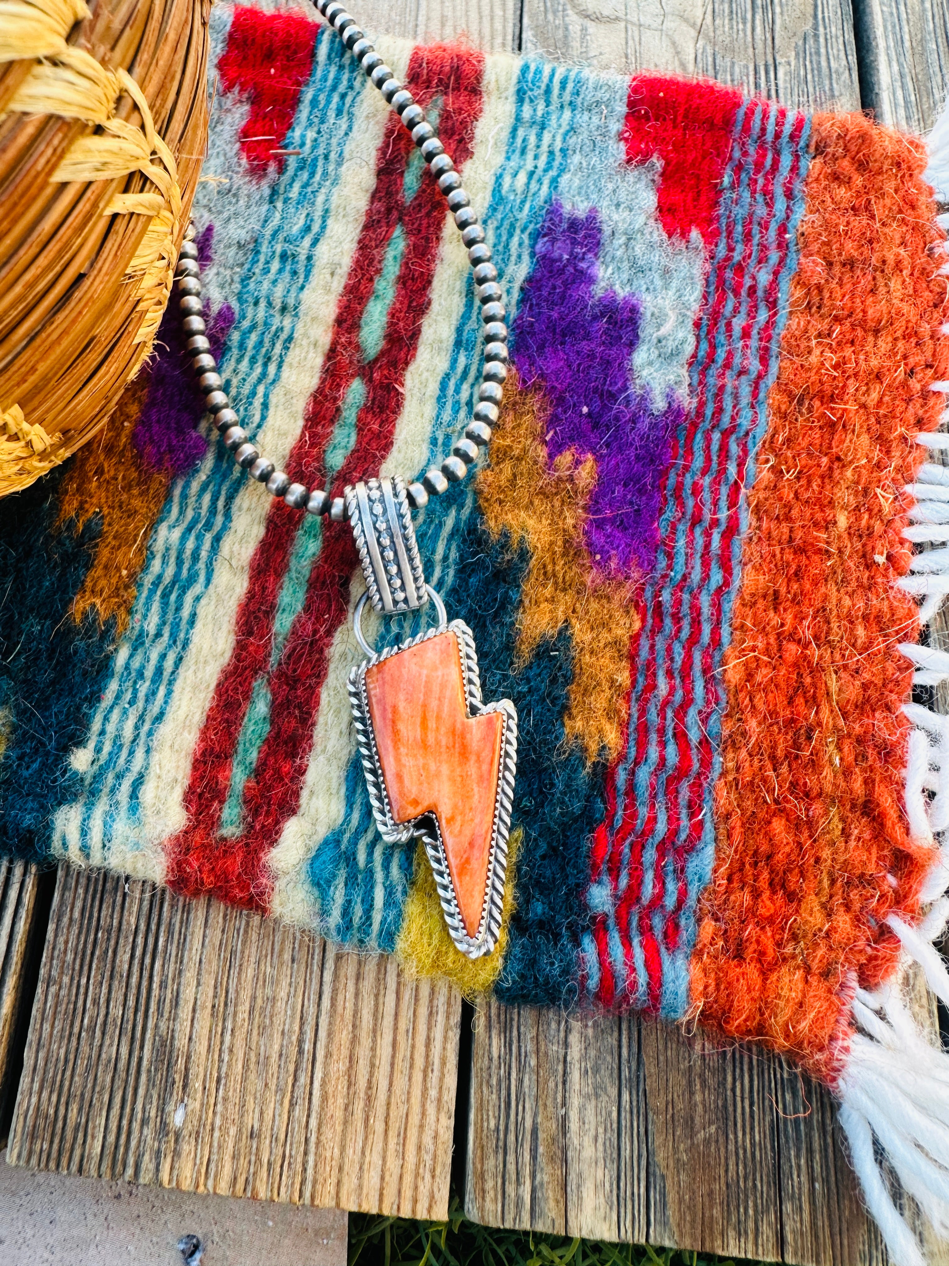 Handcrafted Spiny Oyster & Sterling Silver Lightning Bolt Pendant by Tatum Skeets