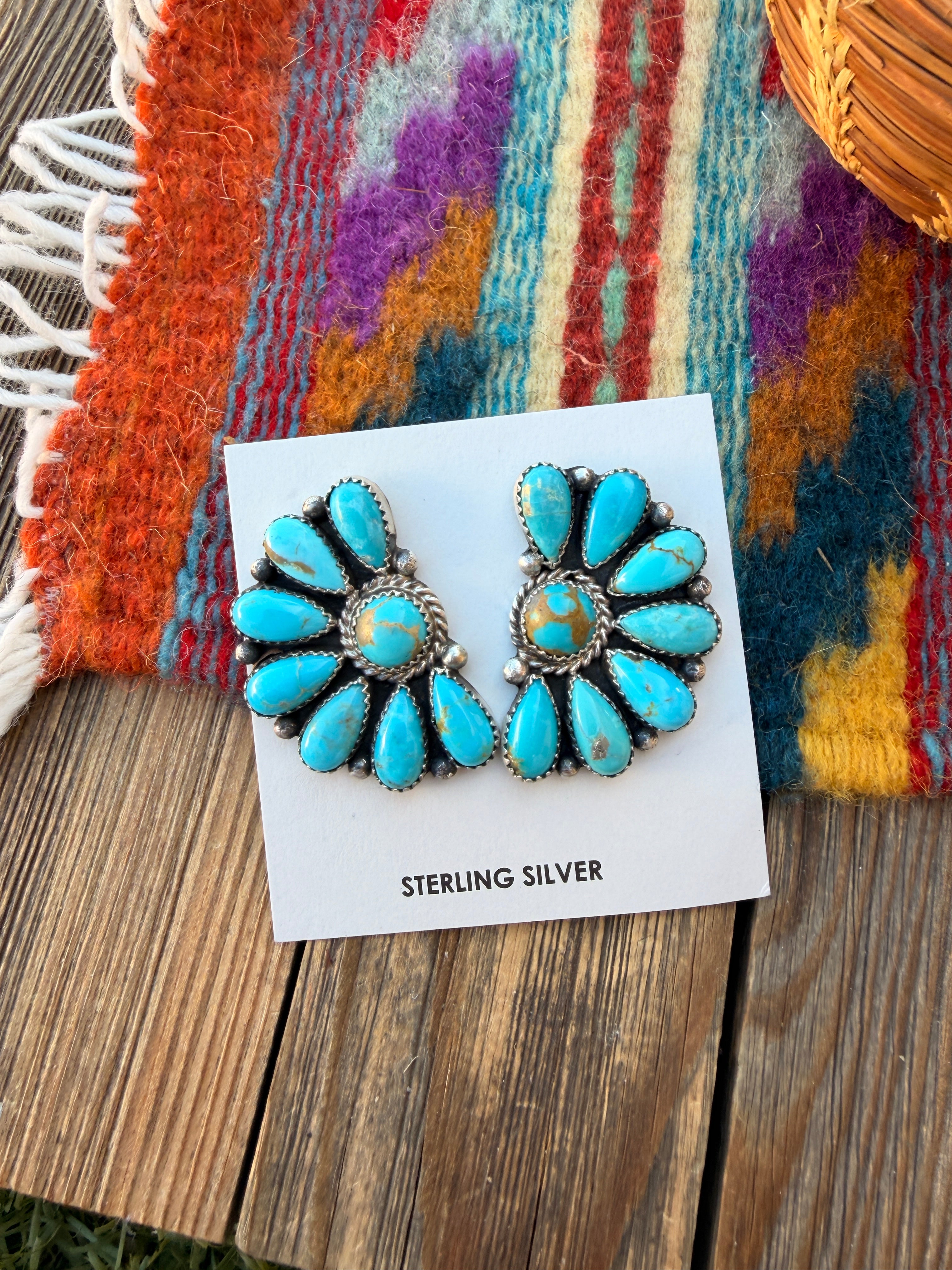 Handcrafted Turquoise & Sterling Silver Cluster Post Earrings by Effie Garfield