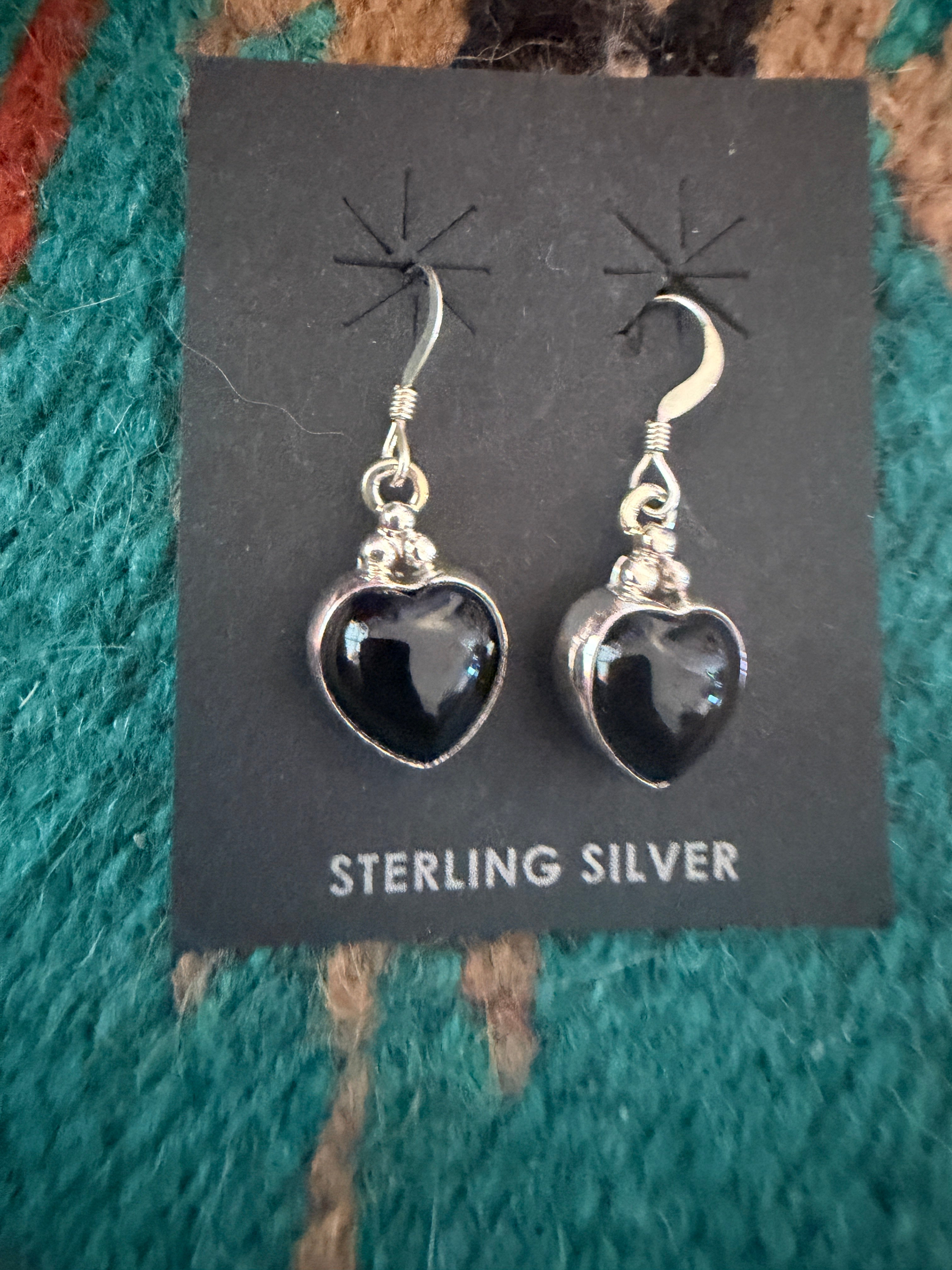 Handcrafted Black Onyx & Sterling Silver Heart Dangle Earrings