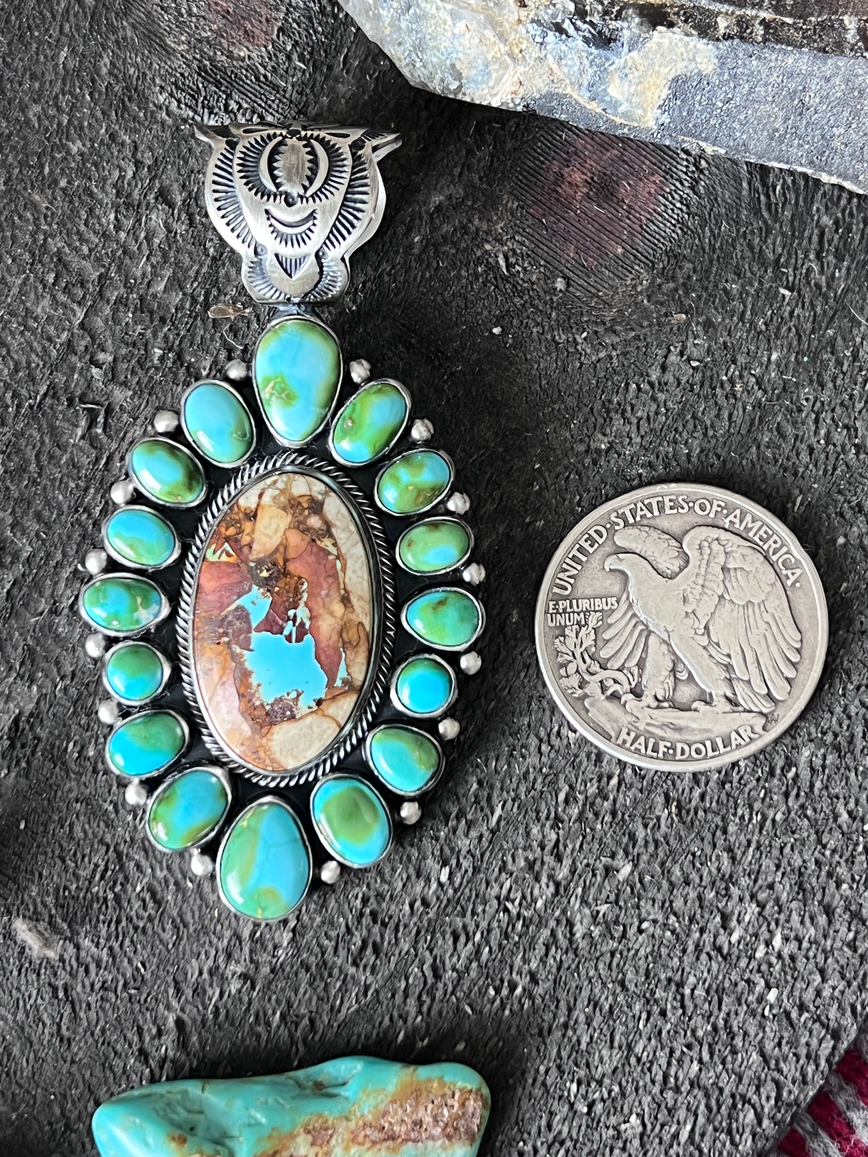 Diane Wylie Sterling Silver, Royston Ribbon & Sonoran Mountain Turquoise Cluster Pendants