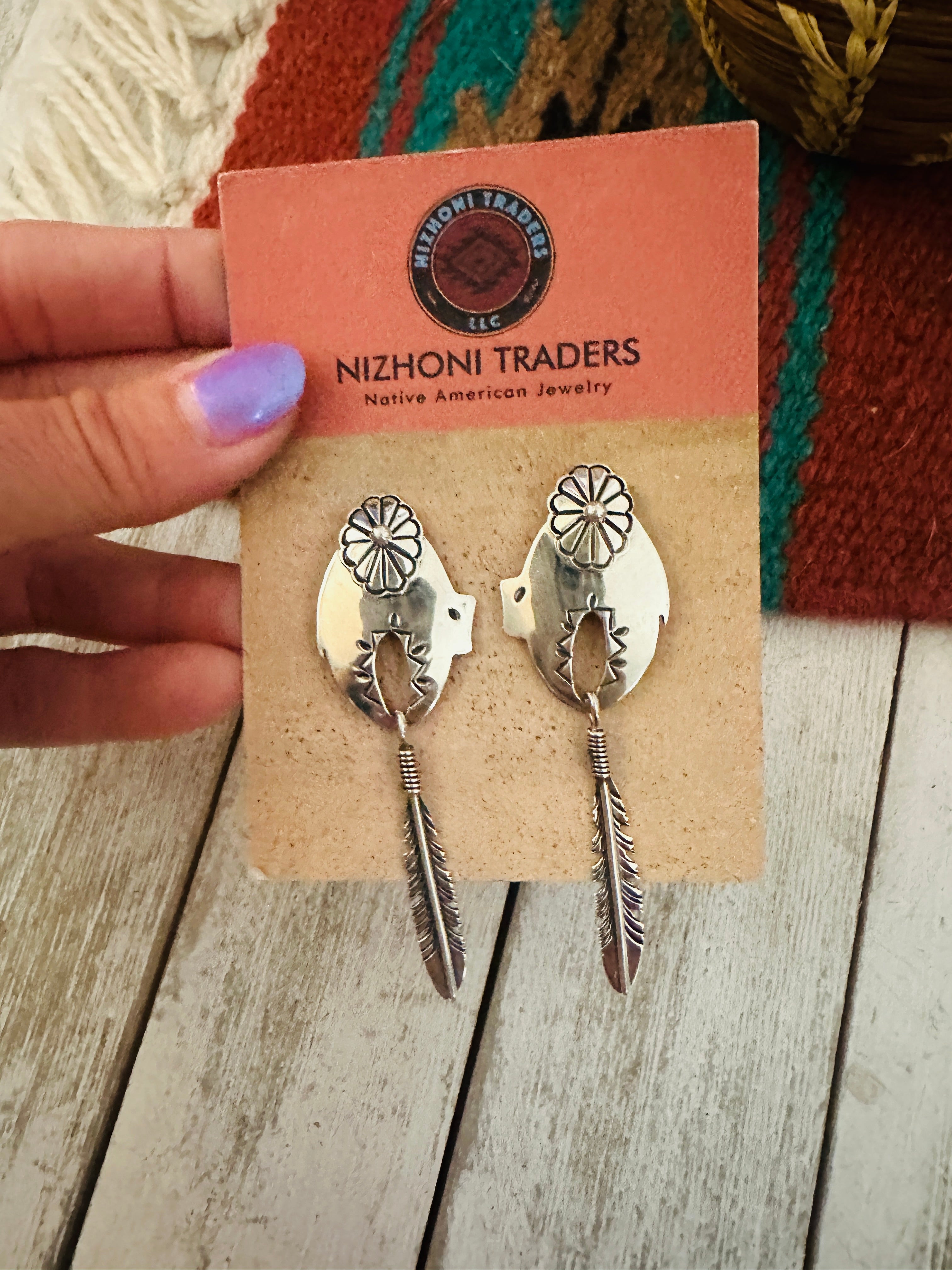 Navajo Concho Sterling Silver Feather Dangle Earrings