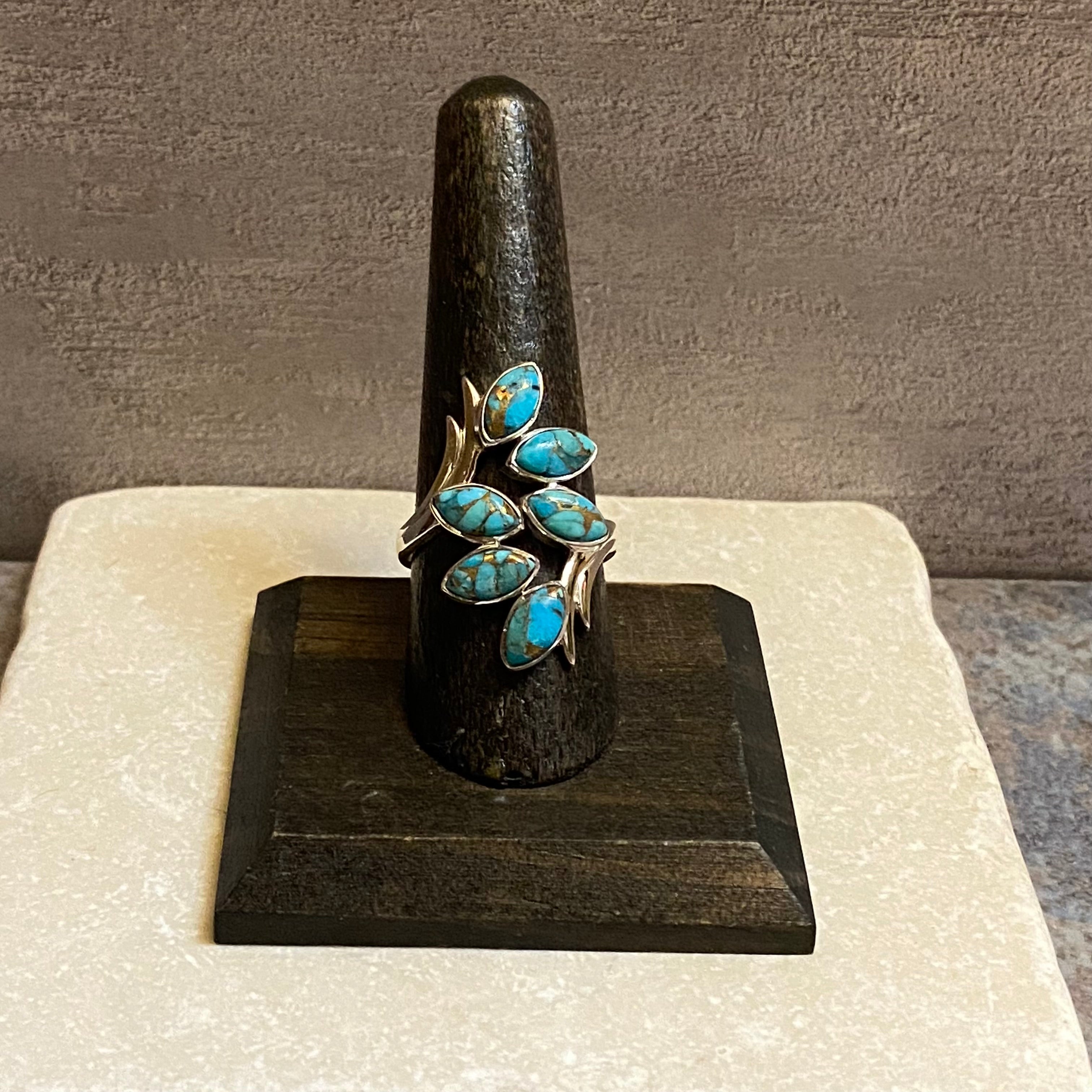 Sterling Silver Six Leaf Copper Turquoise Ring Size 8.75