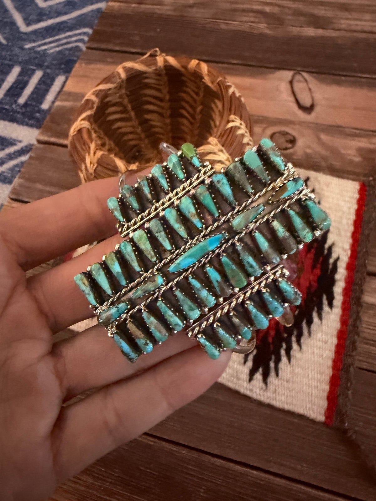 Handcrafted Turquoise & Sterling Silver Cluster Cuff Bracelet by Leander Nez