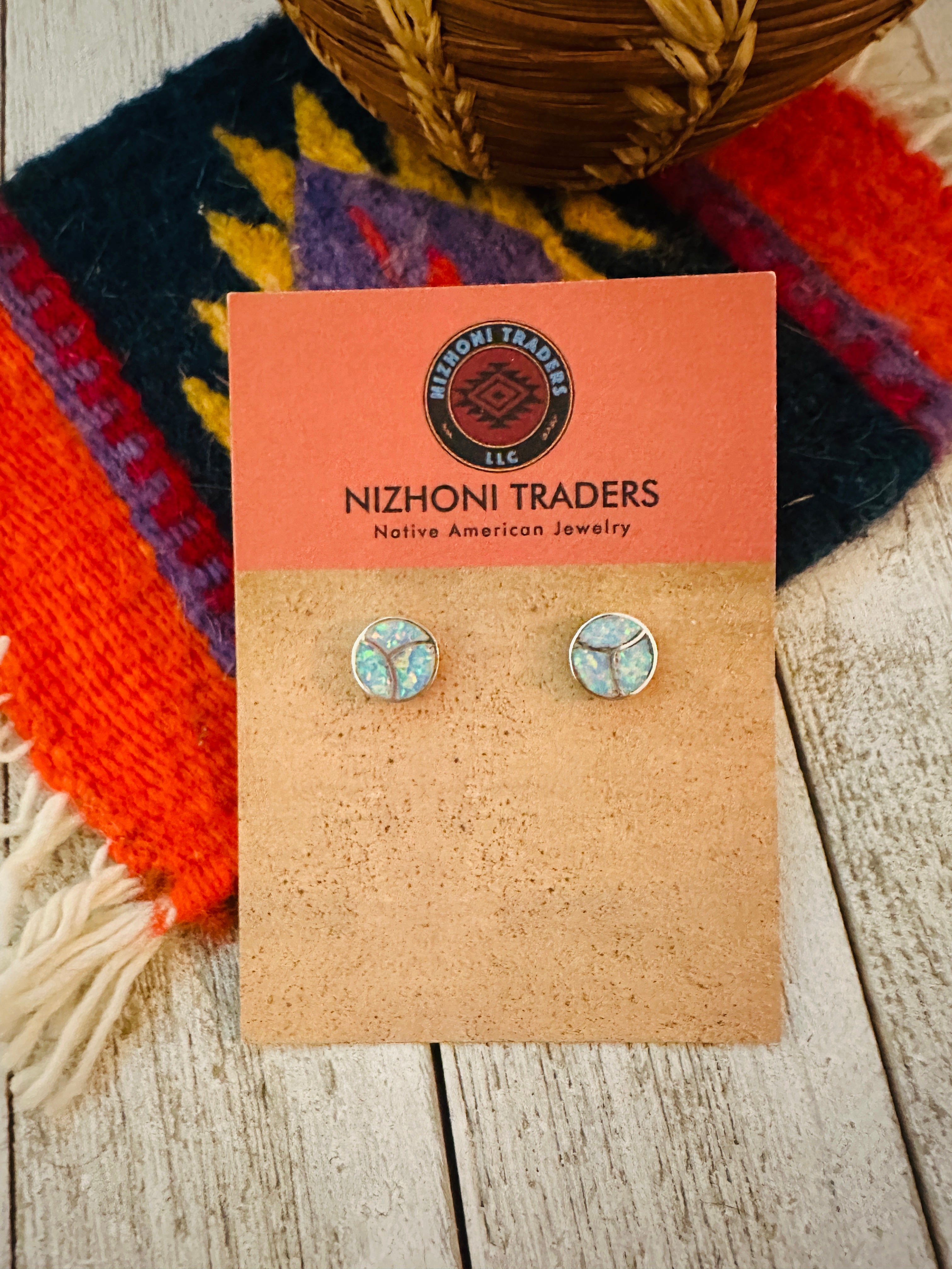 Zuni White Opal & Sterling Silver Inlay Stud Earrings