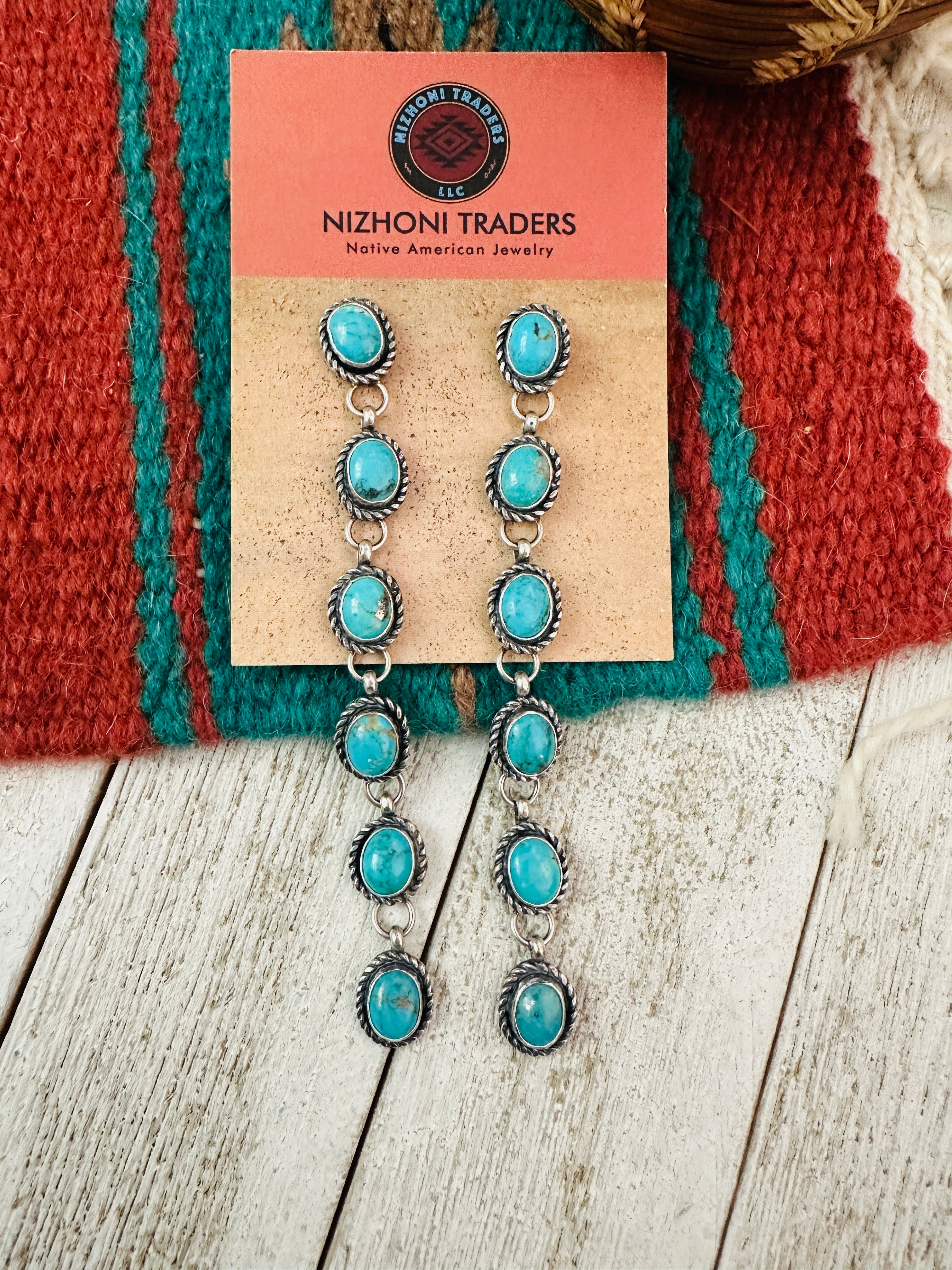 Navajo Turquoise And Sterling Silver Drop Dangle Earrings