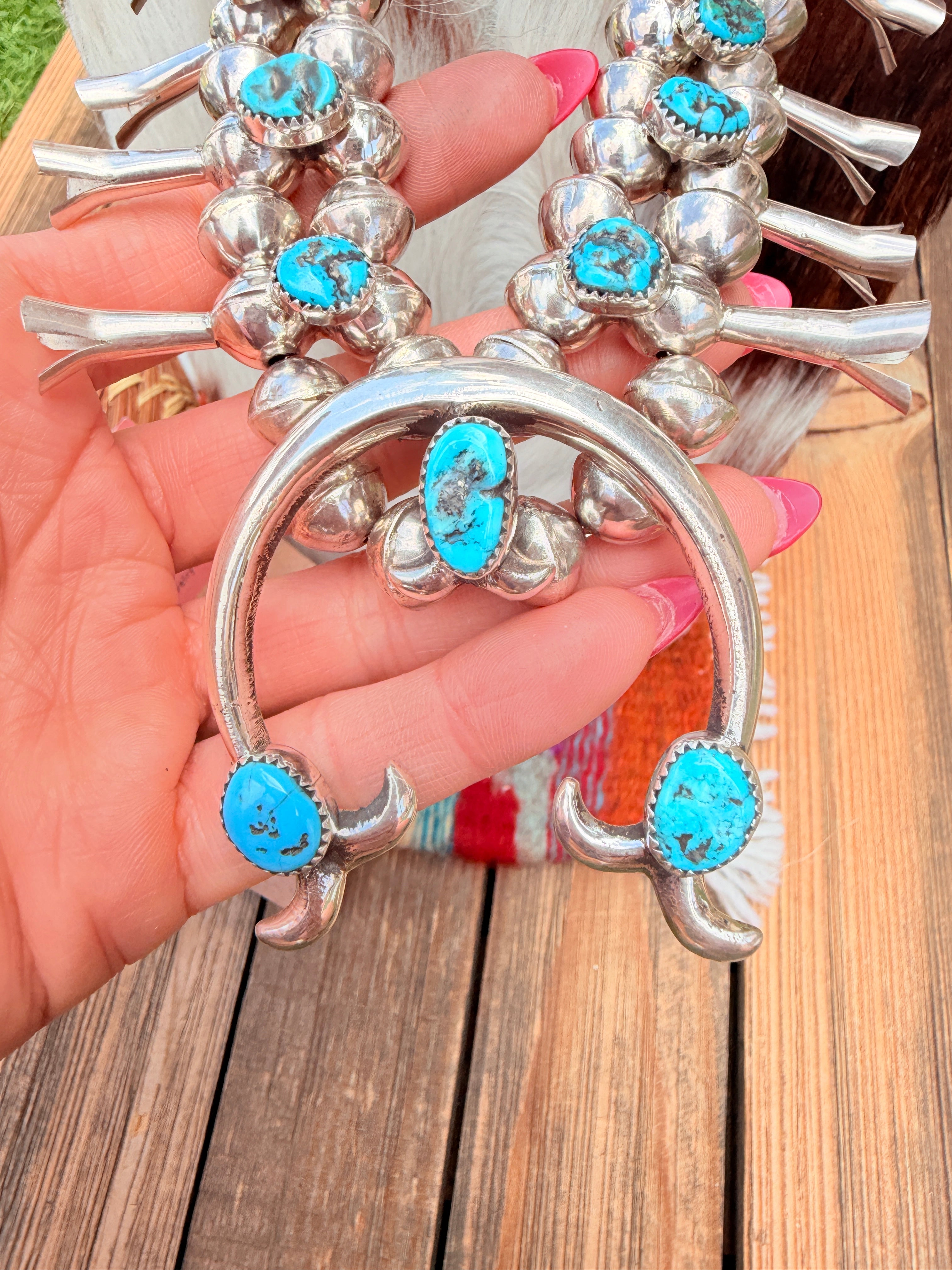 Handcrafted Sterling Silver & Kingman Turquoise Squash Blossom Necklace Set