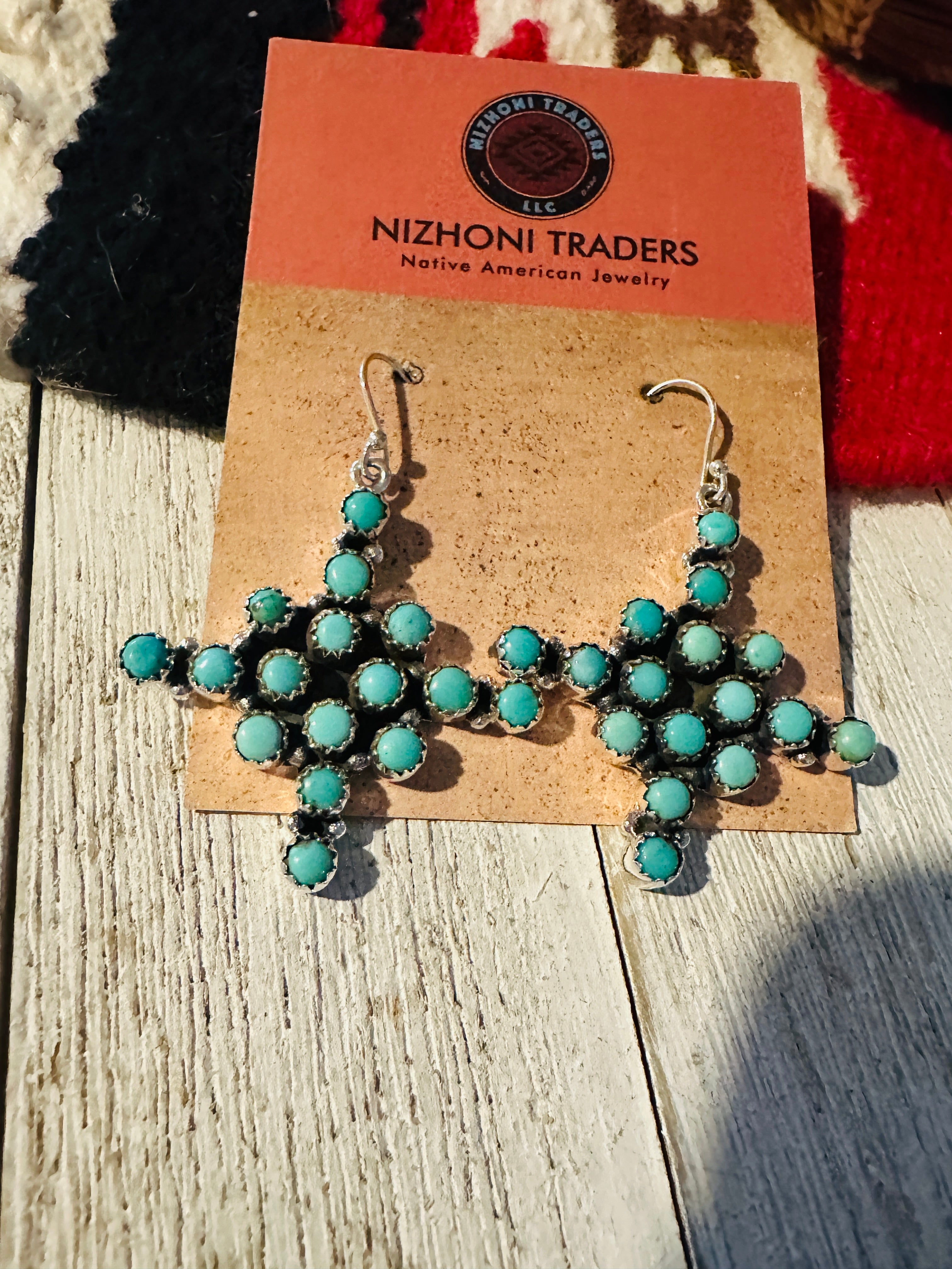 Handmade Turquoise & Sterling Silver Cross Wire Dangle Earrings Signed Nizhoni