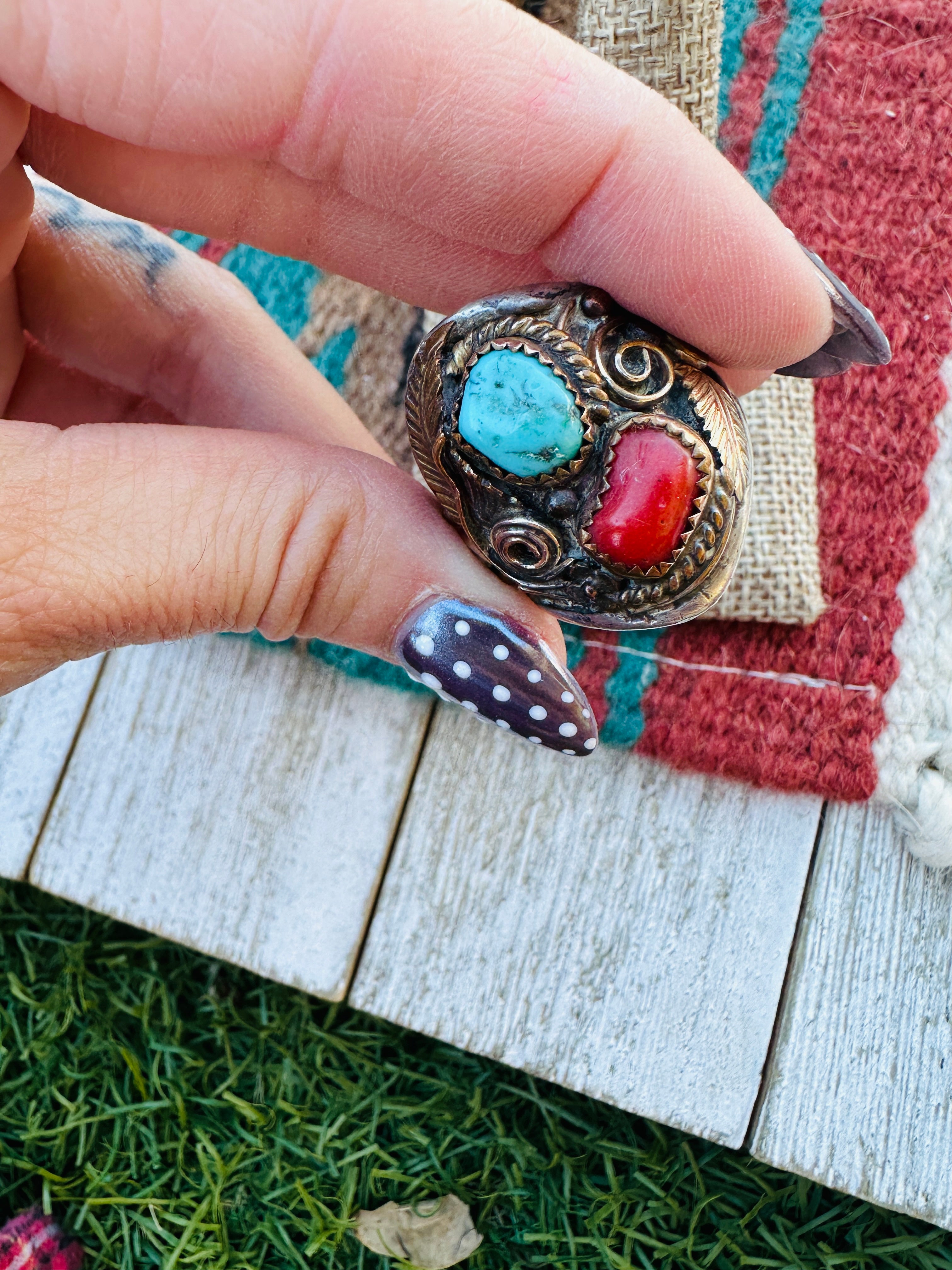 Old Pawn Handcrafted Turquoise, Coral & 14K Gold Overlay Sterling Silver Ring Size 10