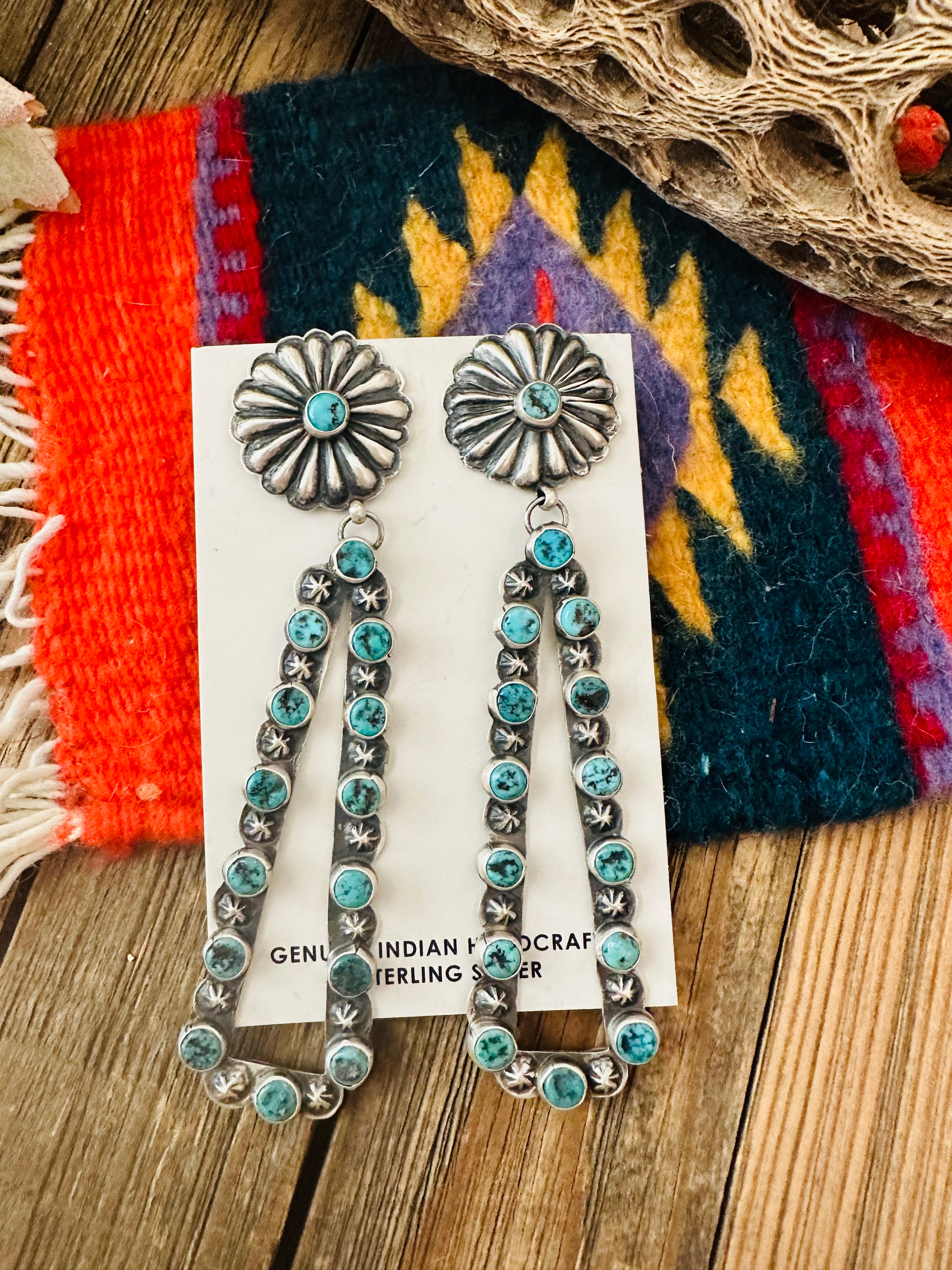 Navajo Sterling Silver & Turquoise Concho Dangle Earrings By Eugene Charley