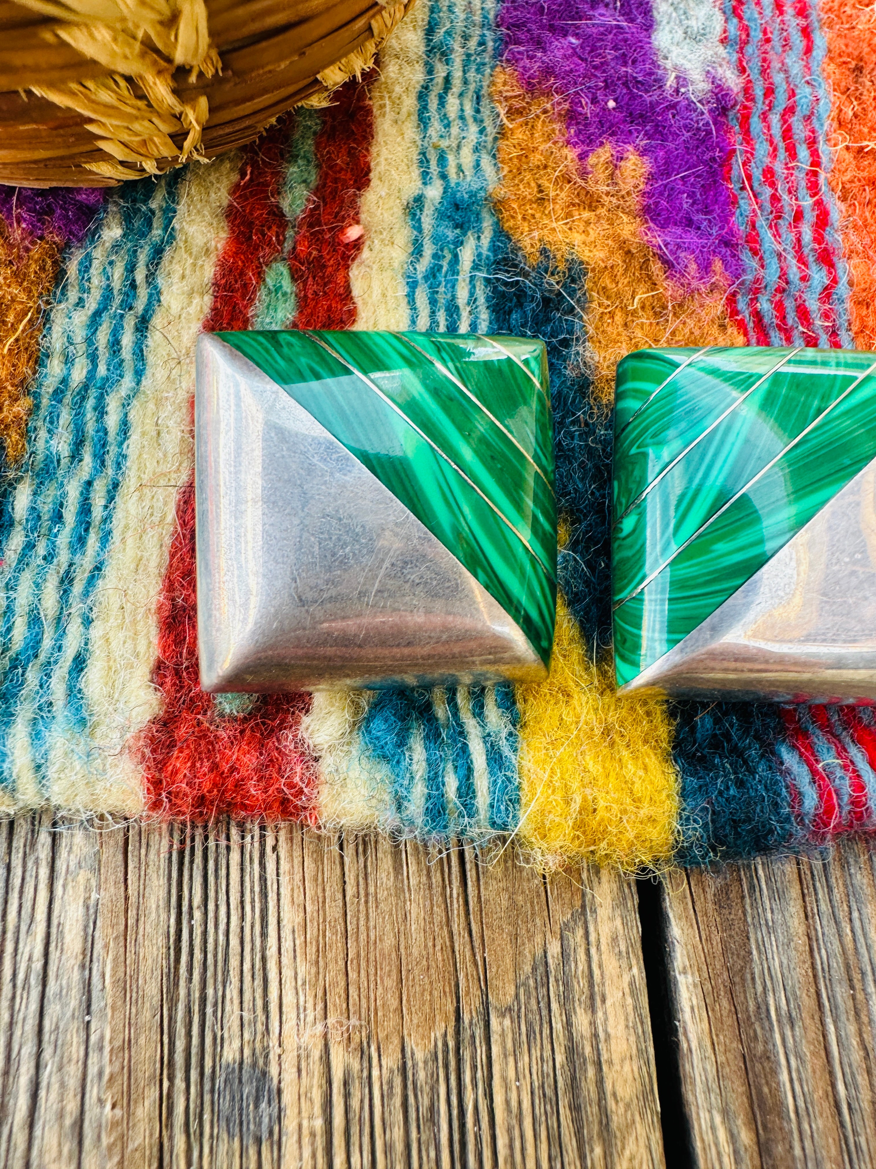 Handmade Old Pawn Sterling Silver & Malachite Inlay Clip On Earrings