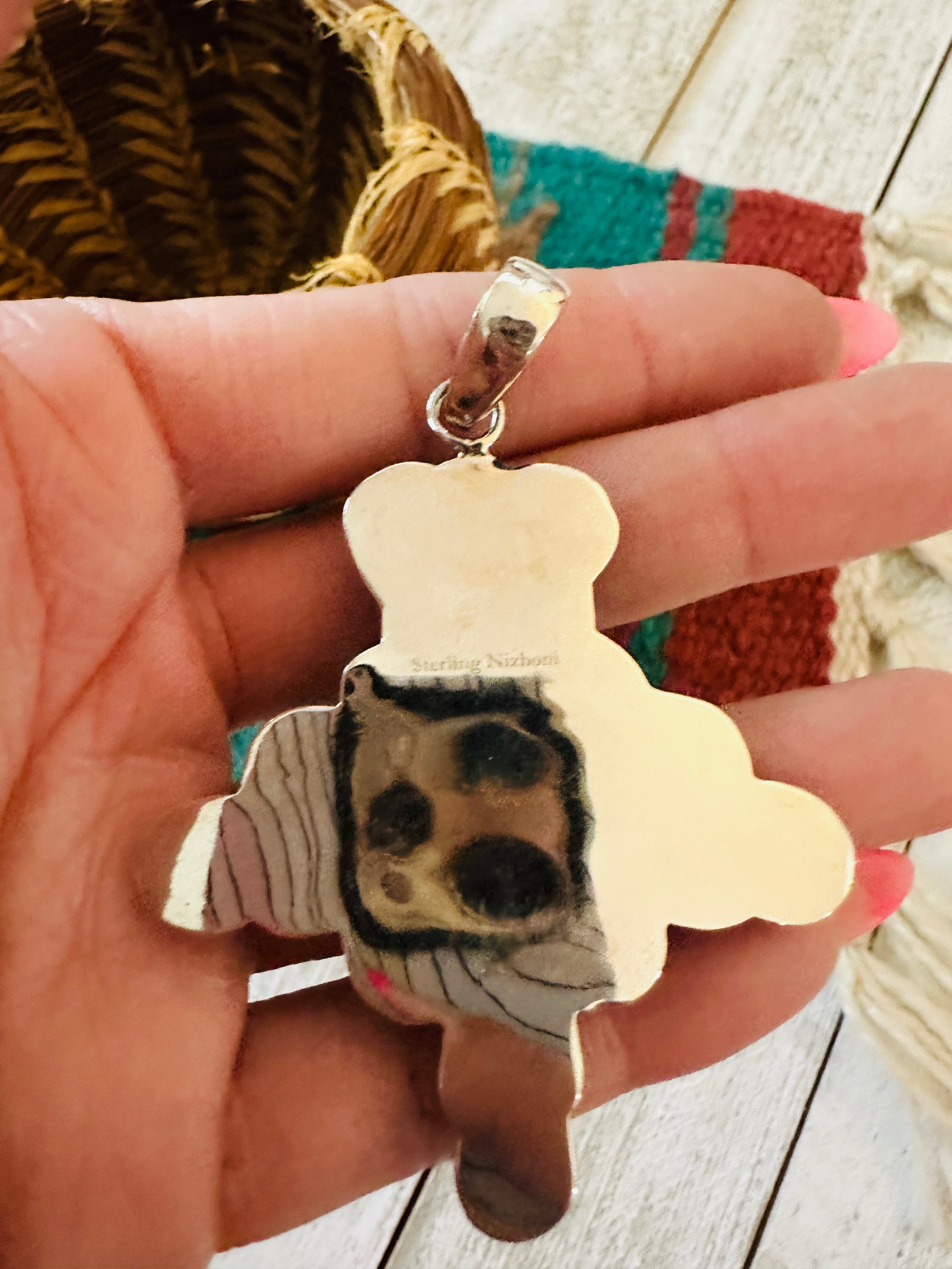 ** Christmas Collection ** Handmade Sterling Silver, Turquoise, Coral & CZ Pendant Signed Nizhoni