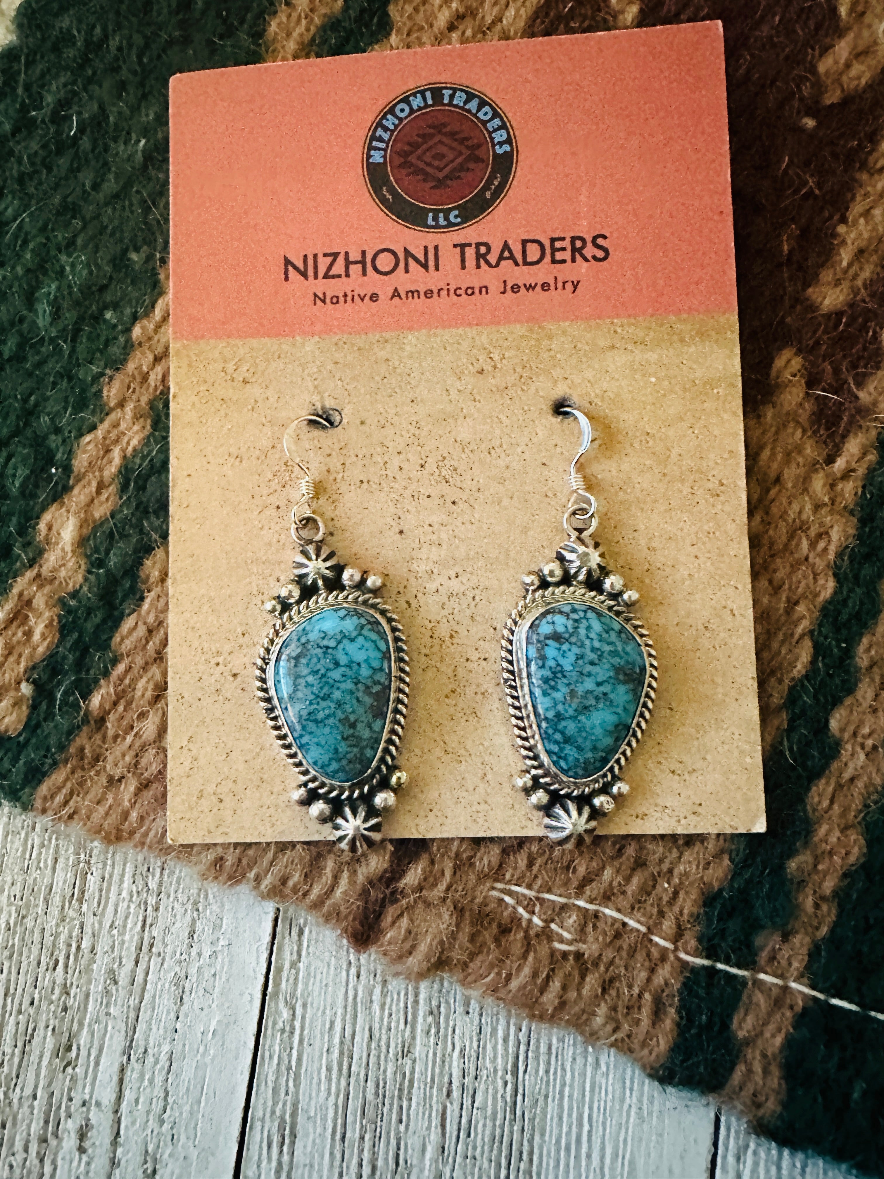 Navajo Kingman Web Turquoise and Sterling Silver Dangle Earrings