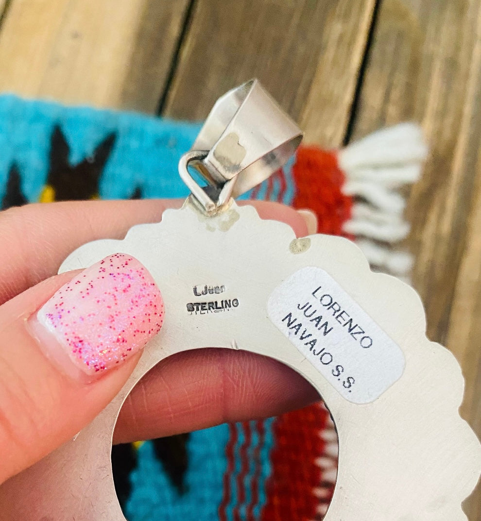 Handcrafted Sterling Silver, Sleeping Beauty Turquoise & Coral Naja Pendant by Lorenzo Juan