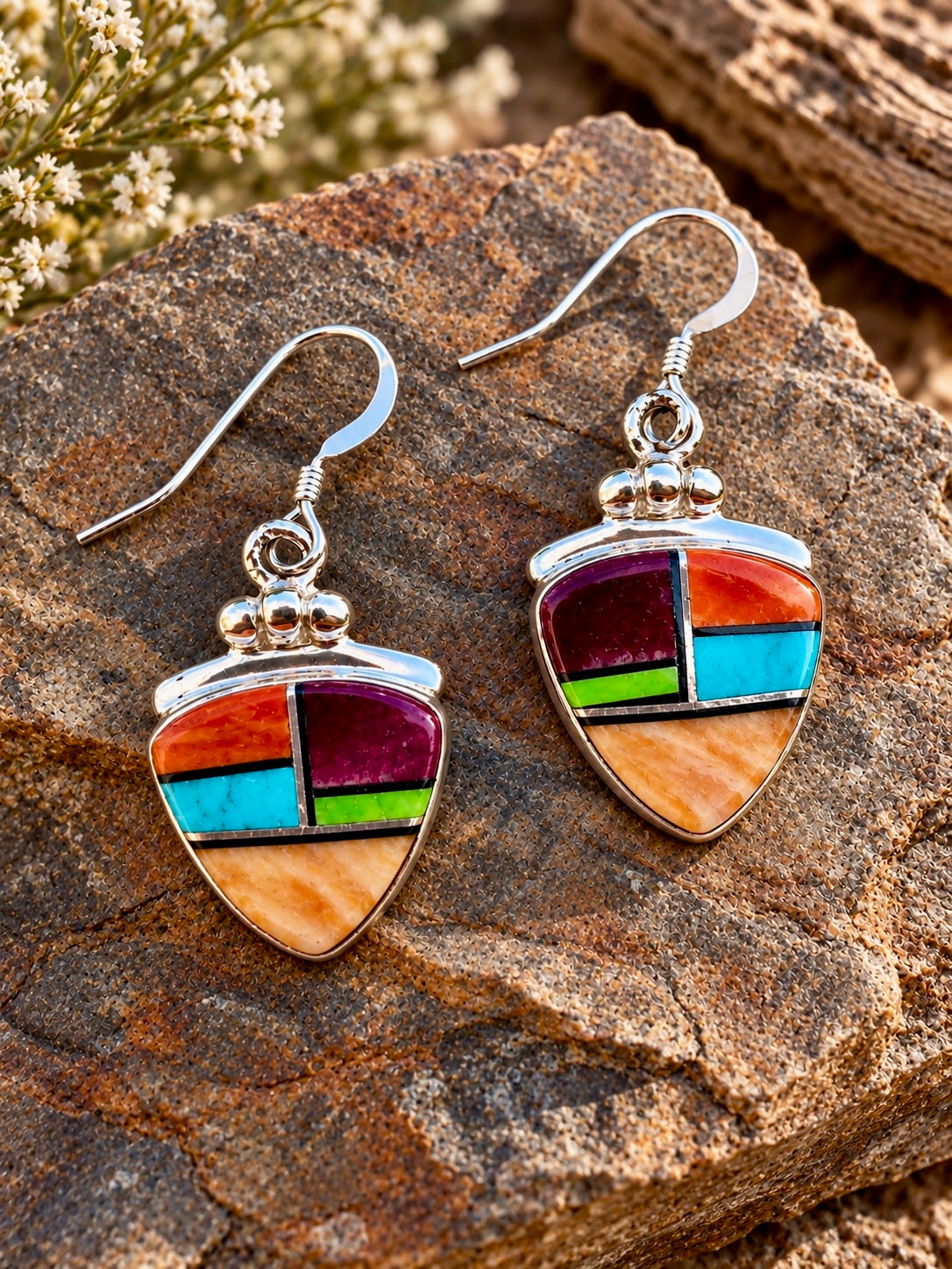 Handcrafted Multi Stone Turquoise, Orange Spiny Hook Dangle Earrings