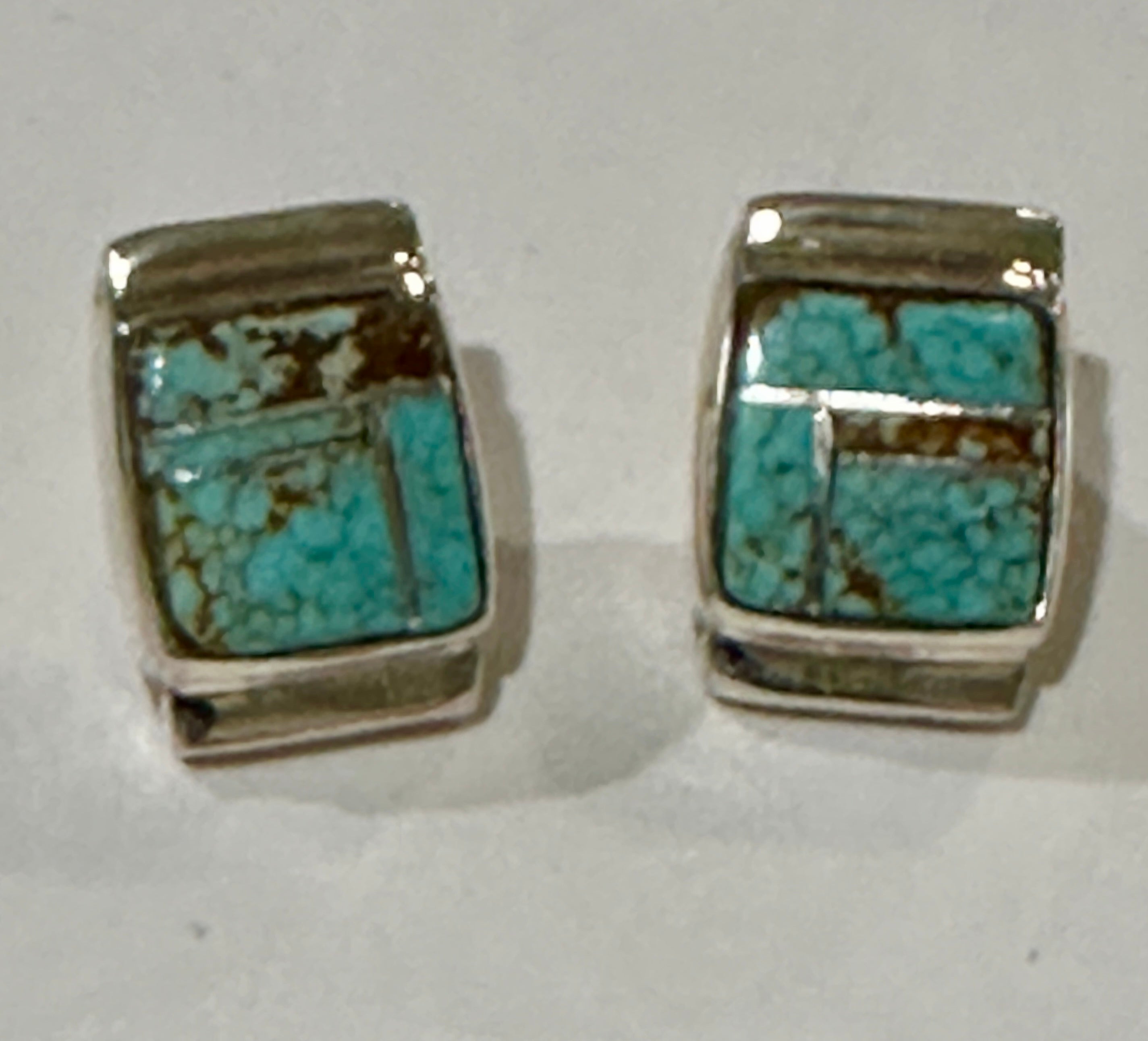 Navajo Turquoise 8 more matrix & Sterling Silver Rectangle Inlay Stud Earrings