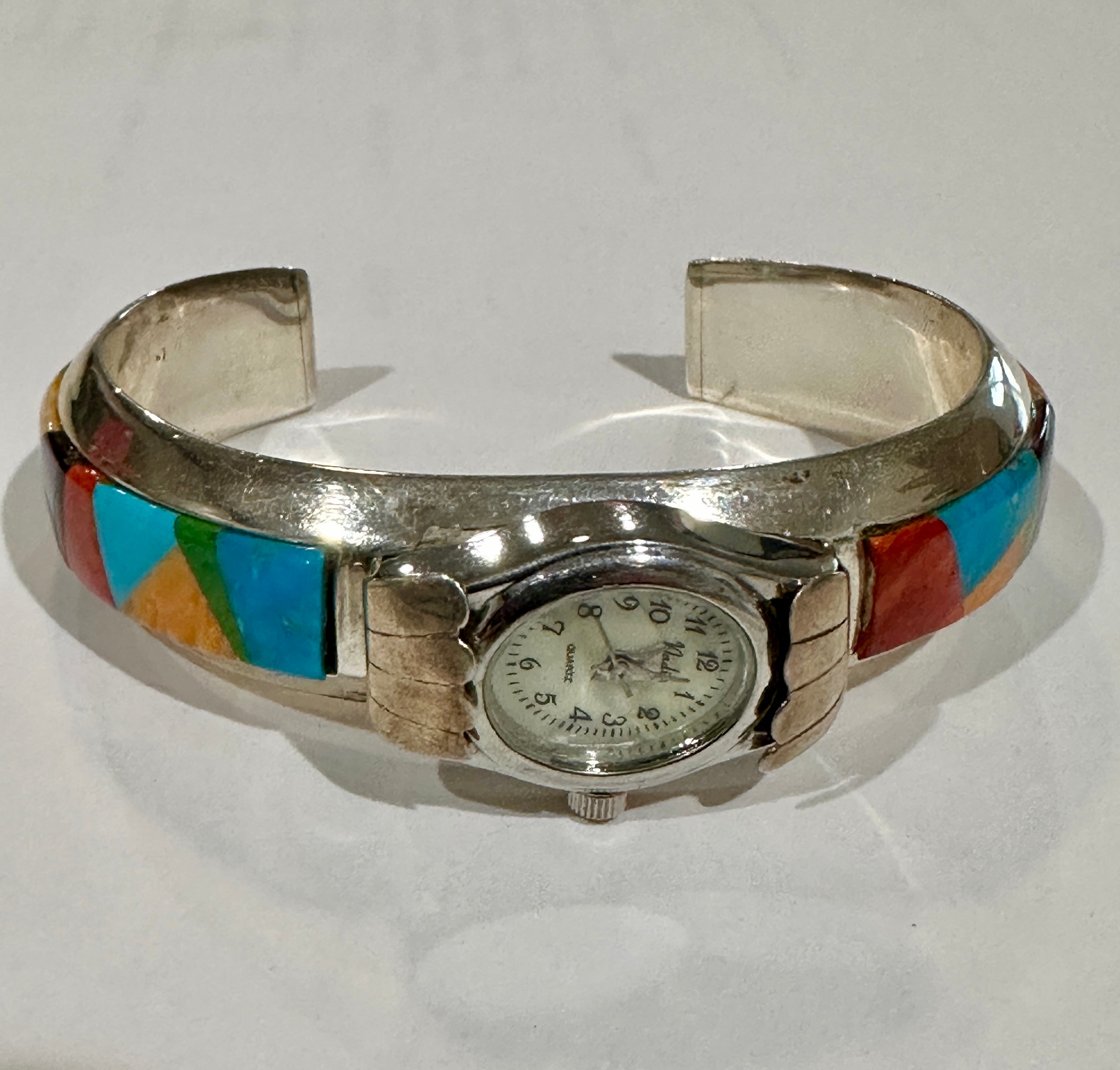 Navajo Turquoise, Purple spiny & Sterling silver Inlay Watch